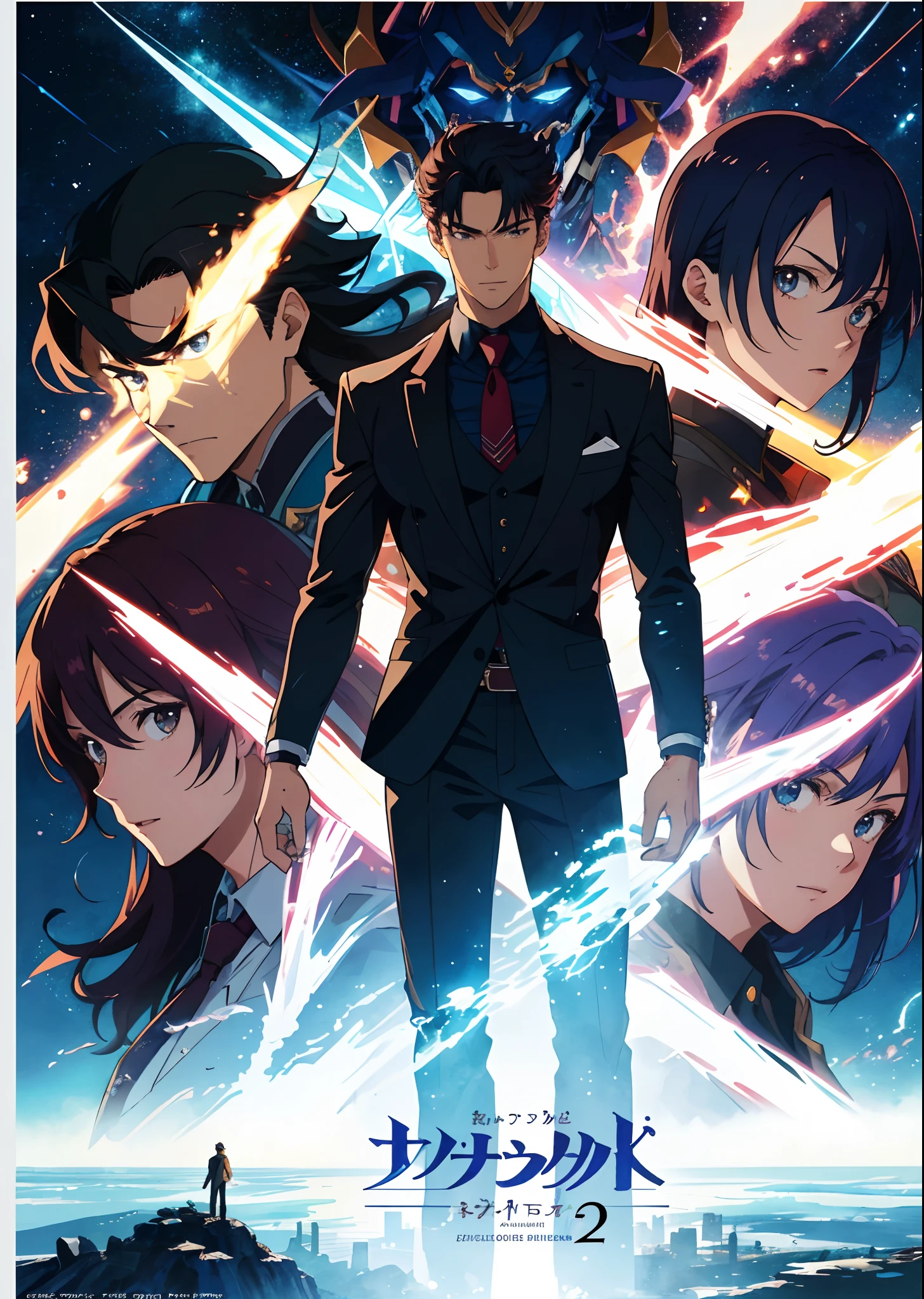 (best qualtiy,tmasterpiece),Two-dimensional action anime movie poster,A group photo of a group of characters,large scene,Correct typography,A woman and a man stand in position C,Handsome movements,Beautiful gestures,21yo,Strong-willed,actionpacked,Beautiful scene,cinematic ligh,Faded,Evil villain in the background