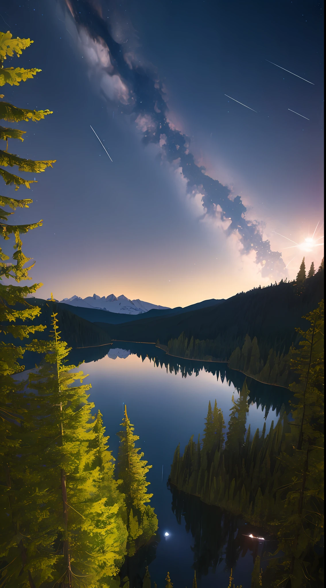 (RAW photos,best qualtiy),(realisticlying,photograph realistic:1.3),best qualtiy,highly detailed,tmasterpiece,hyper-detailing,illustratio,dynamic angle,Masterpiece Theatre of the World,best qualtiy,extremely detailed CG unity 8k wal,astounding,cinmatic lighting,(9:16),meteor shower,starrysky,lakes,ln the forest,glowworm --auto