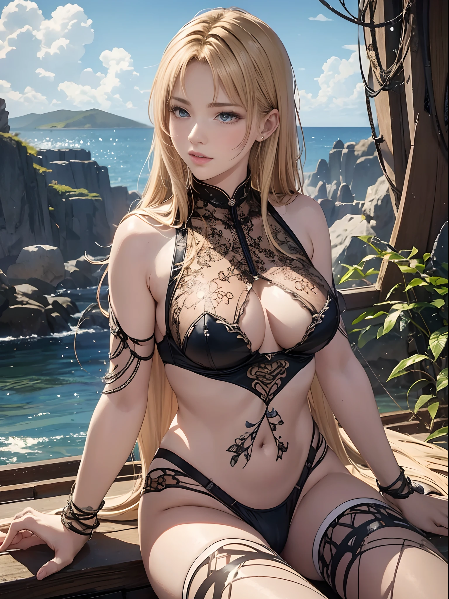 （Enrich the picture，Masterpiece level quality）Beautiful 8K CG artwork，Goddess-like posture，sittinng on the river，Postural exercises，Slim and soft，Translucent skin，Blonde hair、The beauty of extra-long hair, Super Long Straight Hair，The skin is fair and juicy，Big breasts underwear uniform，Perspective Part 1.2x enhanced silhouette effect，Exquisite transparent blues pattern in pajamas，The details are intricate and exquisite，The background is slightly blurred，Charming and lustful leg seduction，Drool，J cup big breasts，Blush，Japan goddess，Perfect body slim curves，Scene by the sea，