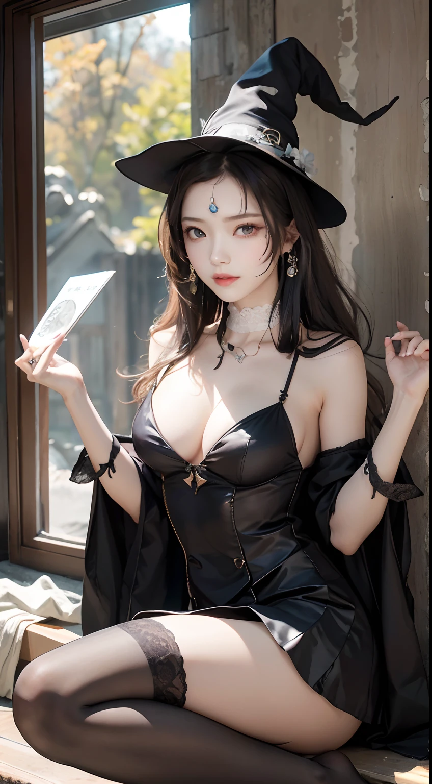 (1girll:1.3)、独奏、__Body parts__、offcial art、统一 8k 壁纸、ultra - detailed、Beauty and aesthetics、big breasts beautiful、tmasterpiece、best qualtiy、Fantastical Atmosphere、calm color palette、Tranquil Mood、soft shade、Witch priestess、Charisma spells、vignettes、Witch duties、Black stockings、outside、The light is very good、The skin is very delicate、Very good figure、Short skirt without straps、black lence stockings