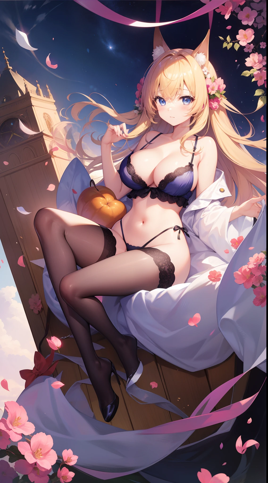 masutepiece、hight resolution、1girl in、Cute anime illustration、in one's underwear only、Floral Lingerie、Glossy look、large full breasts、