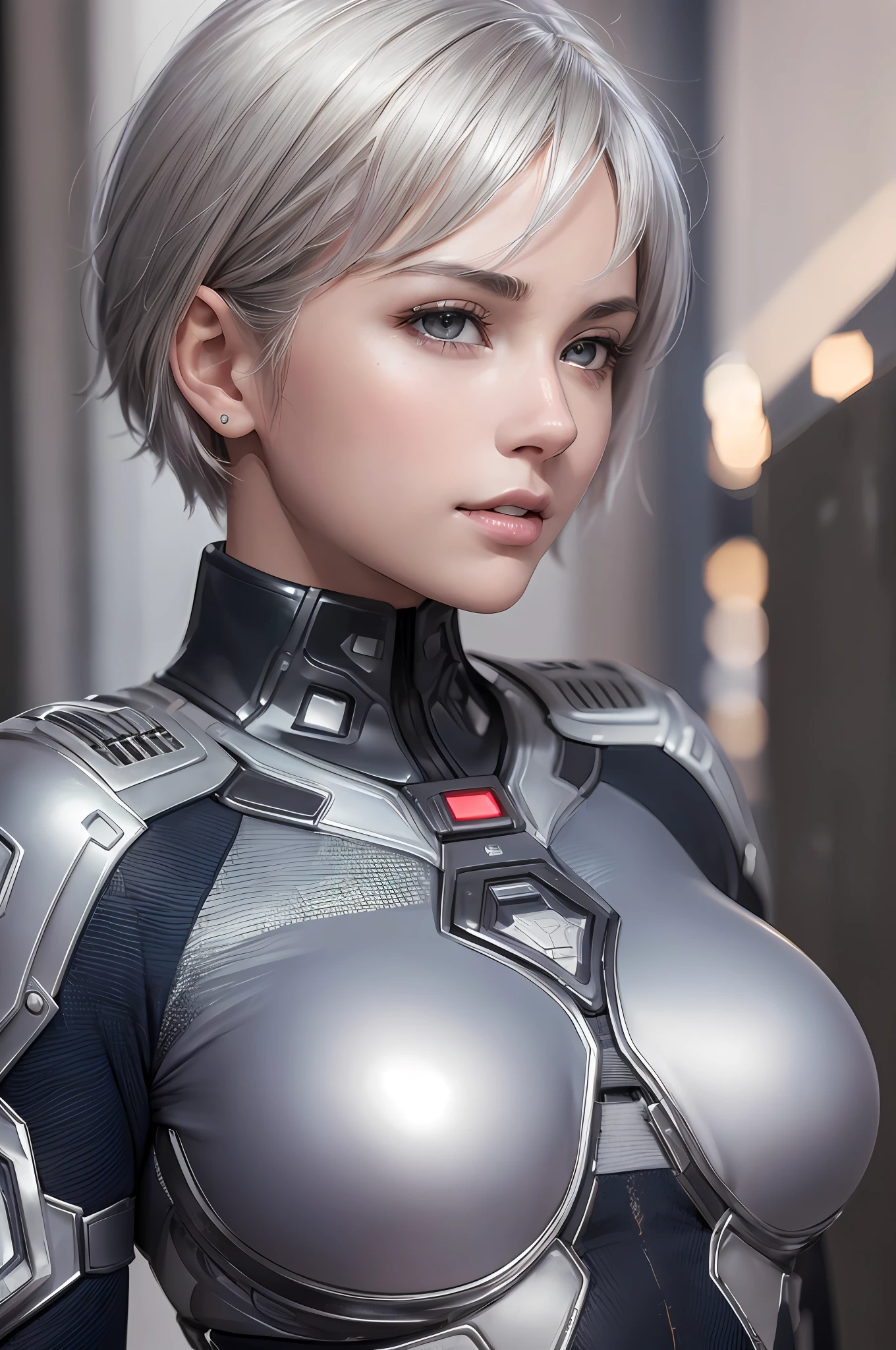 (8k, photorealistic, RAW photo, top quality: 1.4), (1girl), super beautiful, (realistic face), (boyish, silver-colored berry short hair), beautiful cyberpunk suit, glares seducing viewer, beautiful expression, beautiful breasts, (realistic skin), beautiful smile, (soldier), attractive, ultra high resolution, ultra realistic, high definition, spoiled