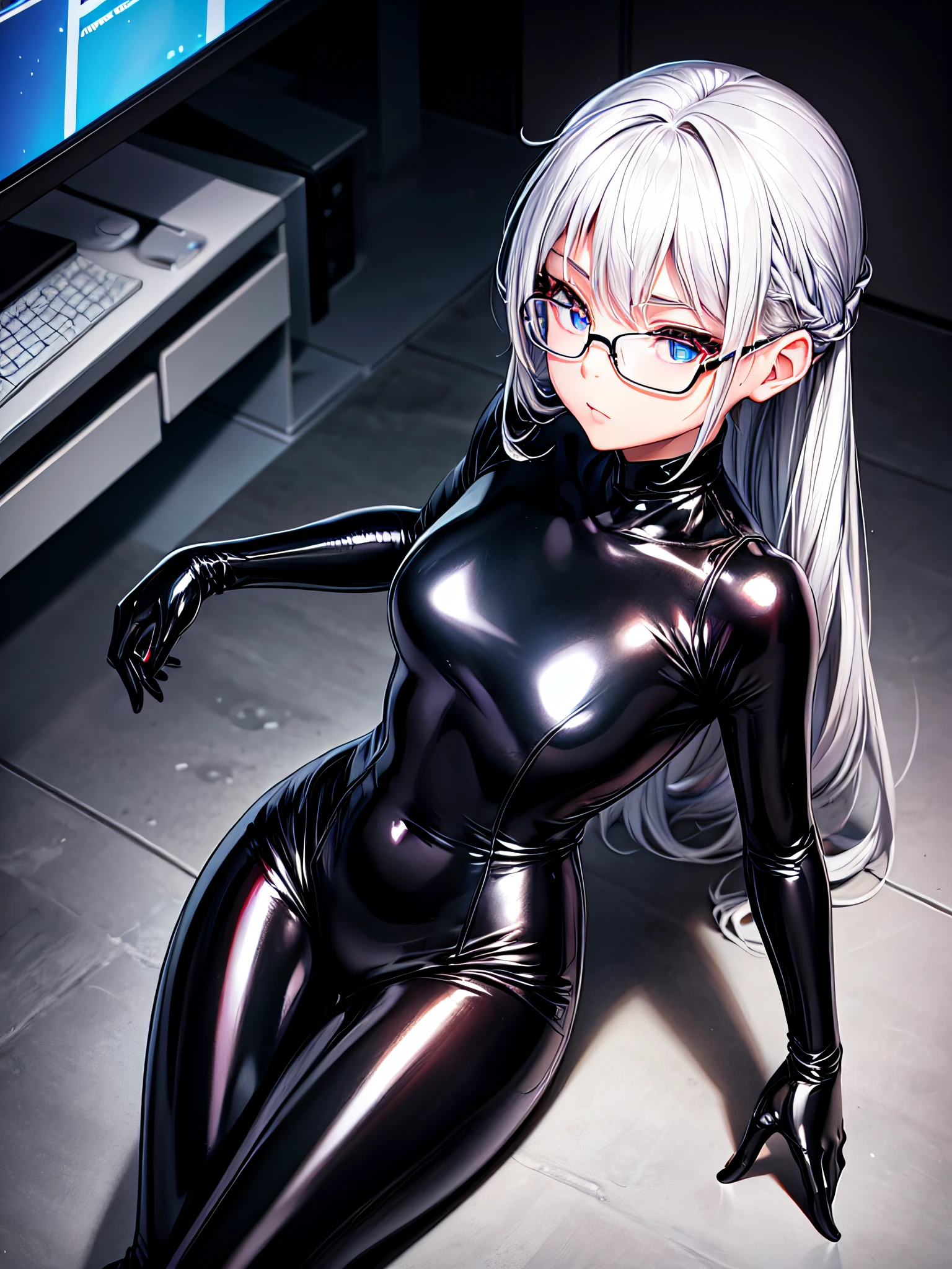 top-quality、8K UHD、A beautiful silver-haired woman with a small nose wearing glasses and a latex sweatsuit is kneeling.、Shiny latex sweatsuit with hidden skin、Angle from below、独奏、 there is a woman in a black dress posing for a picture, Wearing latex costumes, wearing black latex outfit, sexy dress, shiny black dress, black leather slim clothes