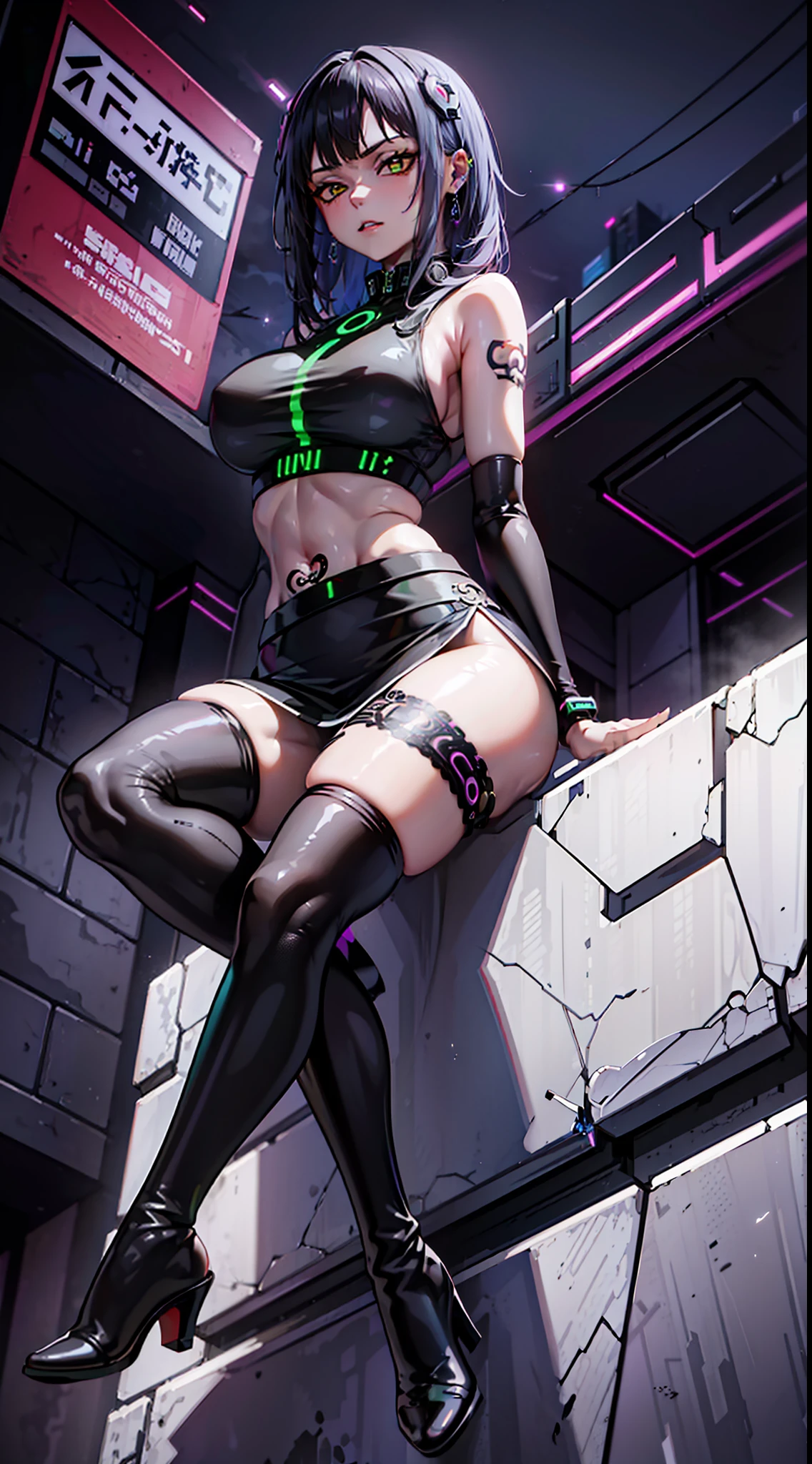 alta resolução, obra-prima, melhor qualidade, uma mulher, sitting, snake tattoos, roupa futurista, skirt, estilo cyberpunk neon, ao fundo cidade cyberpunk a noite, pele finamente detalhada, seios enormes, pernas muito musculosas