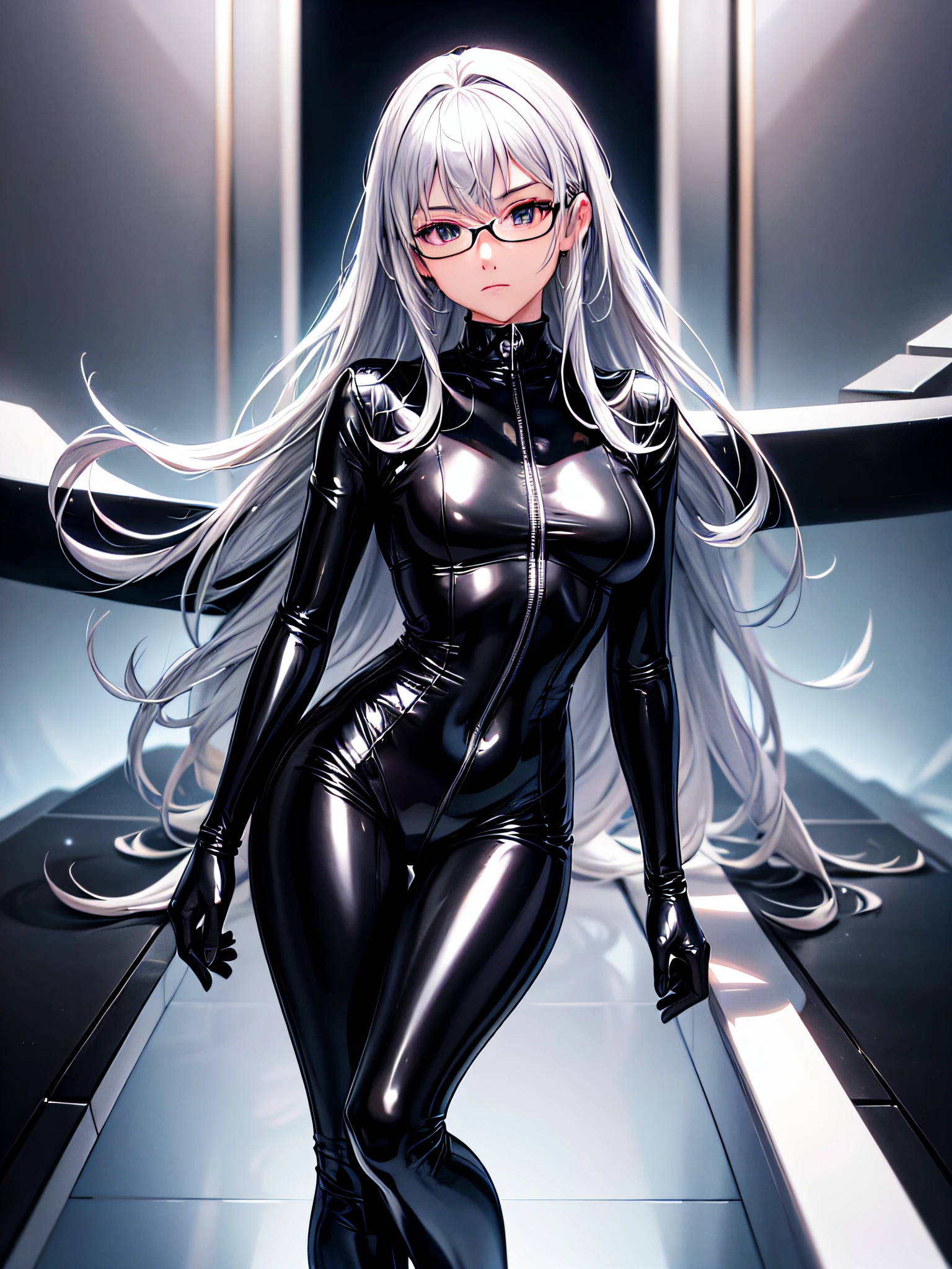 5 8K UHD、Beauty with small nose with silver hair in black shiny black full body rider suit wearing glasses sits with wide crotch open、Wearing a shiny black latex slider suit with hidden skin