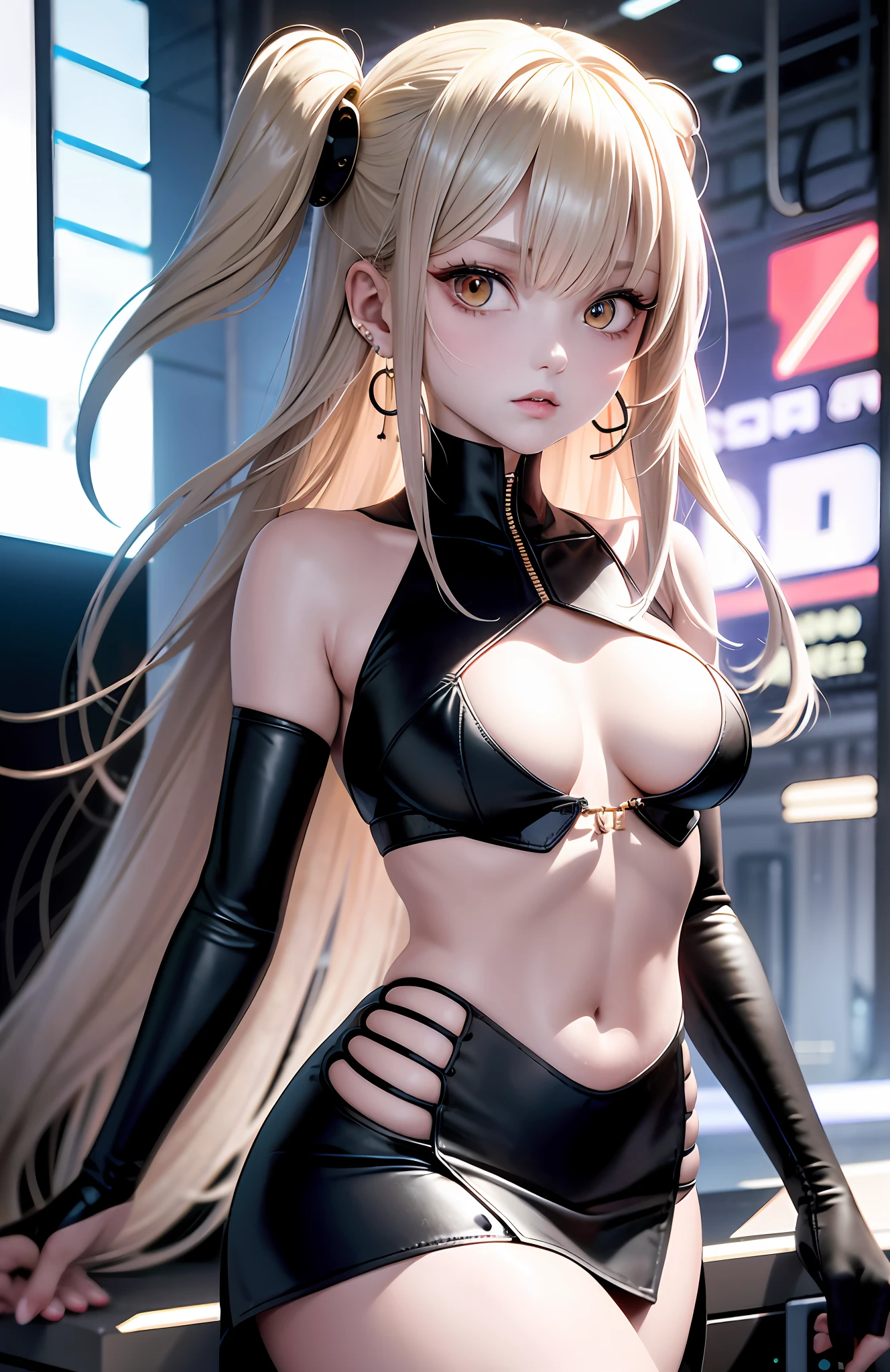 optimum,tmasterpiece,A high resolution,best qualtiy,hyper HD,super detailing,Award-Awarded,16k,独奏,(The upper part of the body),anatomy correct,Beautiful cyberpunk girl,Ex Machina,cute face,high light,Gradient Beige Hair,Hairline,((Scarlet eyes)),long eyelasher,Hanging eye corners,White skin of the,(small boobs),(Slim body),((cropped_hoodie)),((high-waist_Skirt)),(),ear studs,(neck rings),(Laser material clothing:1.2)