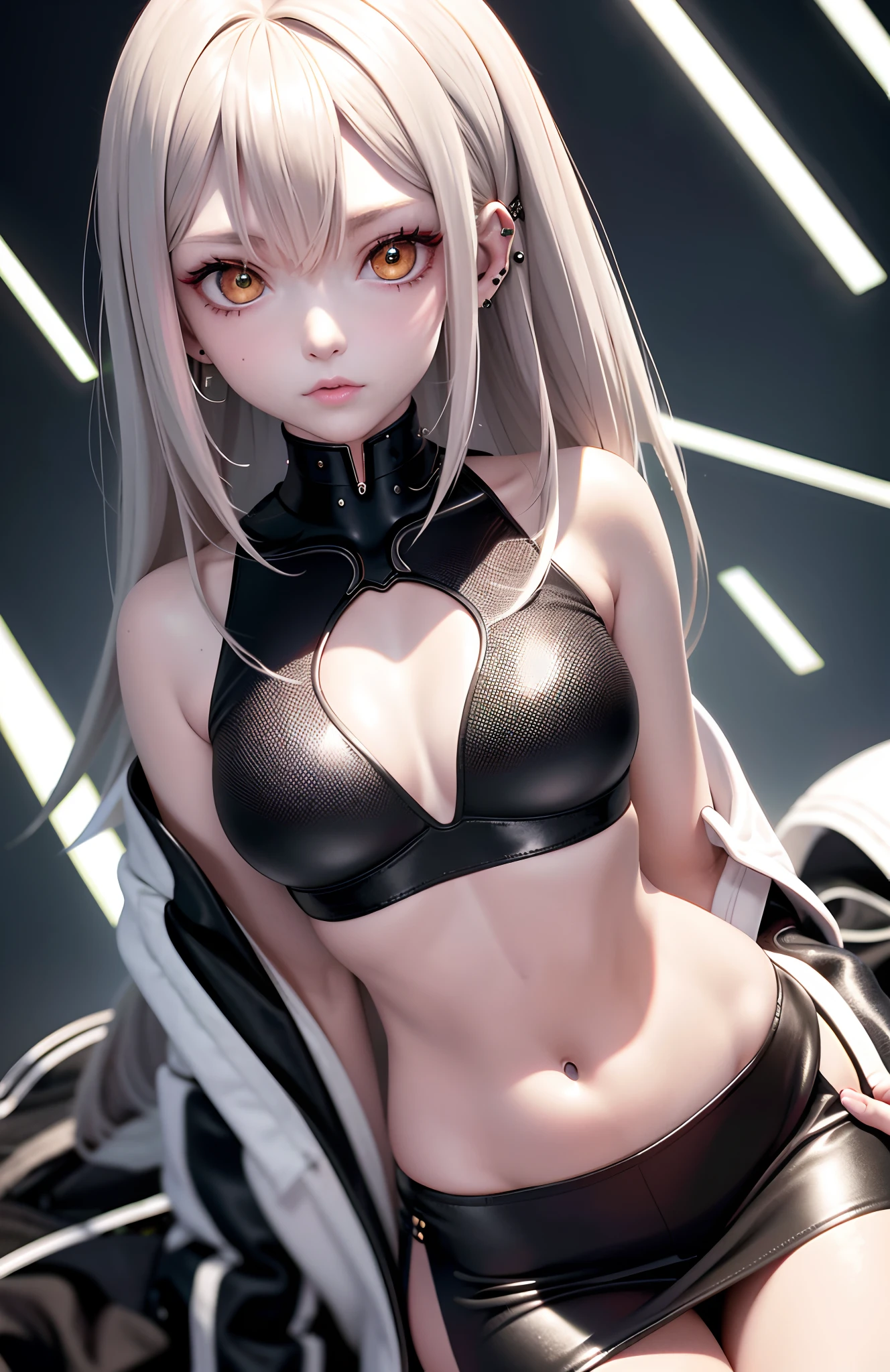 optimum，tmasterpiece，A high resolution，best qualtiy，hyper HD，super detailing，Award-Awarded，16k，独奏，（The upper part of the body），anatomy correct，Beautiful cyberpunk girl，Ex Machina，cute  face，high light，Gradient Beige Hair，Hairline，（（Scarlet eyes）），long eyelasher，Hanging eye corners，White skin of the，（small boobs），（Slim body），（（cropped_hoodie）），（（high-waist_Skirt）），（），ear studs，（neck rings），（Laser material clothing：1.2）