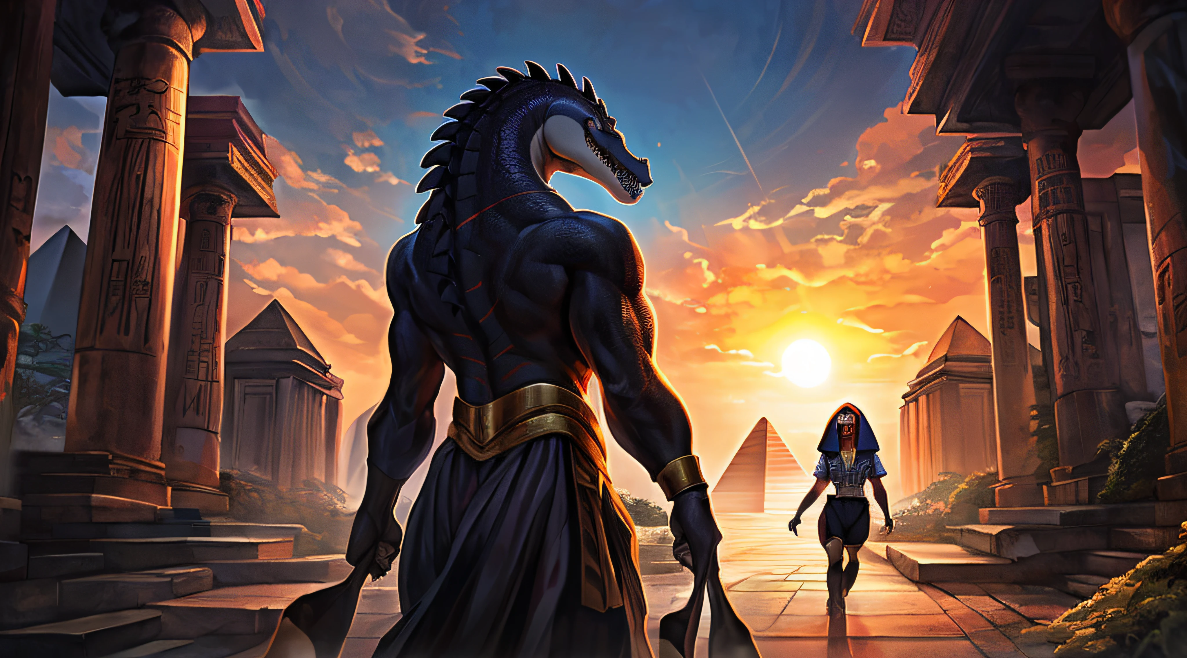 tmasterpiece, high quality, Rien d'absurde, digital painting \(Artwork\), seulement, (Kemono:1.4), Anthropomale crocodile, Corps vert, Sable, (Saluer le spectateur), sourire, coucher de soleil, pagne, Egypte, detailed background, Anime, (ombres sombres, Large plage dynamique, Hdr).