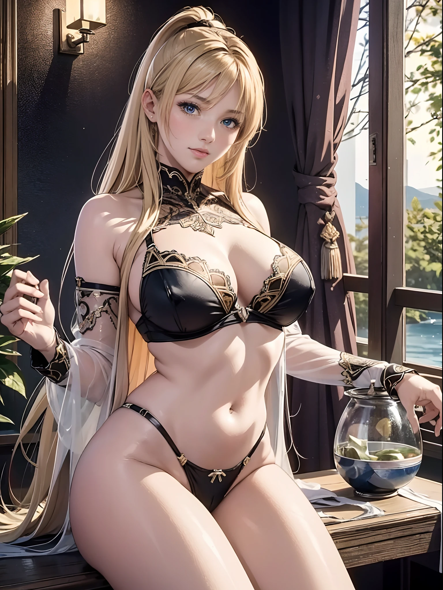 （Enrich the picture，Masterpiece level quality）Beautiful 8K CG artwork，Goddess-like posture，sittinng on the river，Postural exercises，Slim and soft，Translucent skin，Blonde hair、The beauty of extra-long hair, Super Long Straight Hair，The skin is fair and juicy，Big breasts underwear uniform，Perspective Part 1.2x enhanced silhouette effect，Exquisite transparent blues pattern in pajamas，The details are intricate and exquisite，The background is slightly blurred，Charming and lustful leg seduction，Drool，J cup big breasts，Blush，Japan goddess，Perfect body slim curves，Scene by the sea，