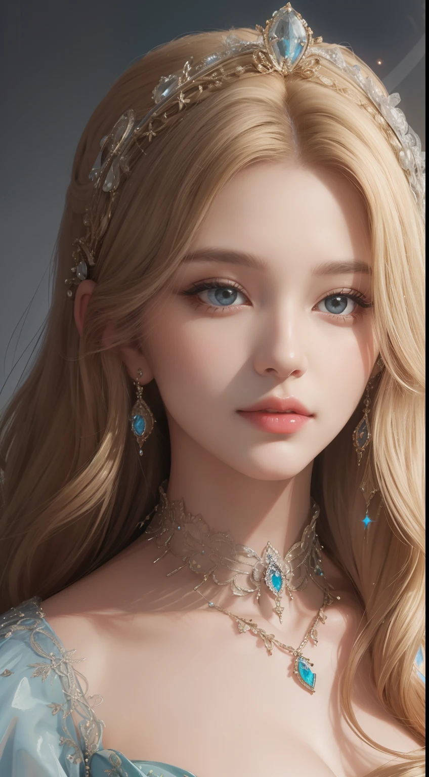 tmasterpiece,Highest image quality,Beautiful bust of a royal lady,Delicate blonde hairstyle,Embellished with a dazzling array of intricate jewelry,super detailing,upscaled。