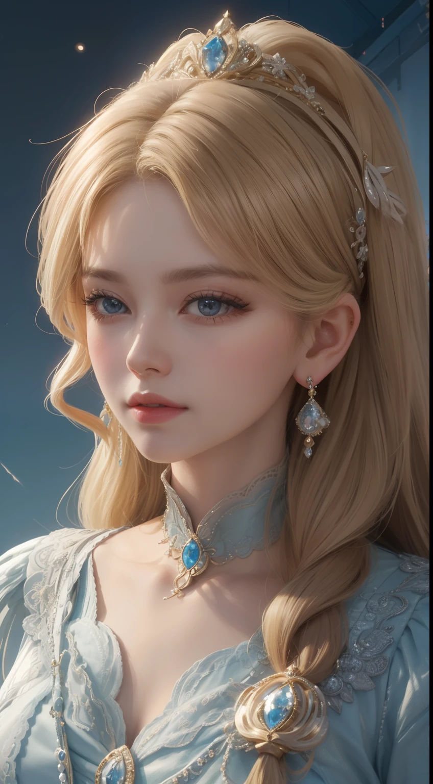 tmasterpiece,Highest image quality,Beautiful bust of a royal lady,Delicate blonde hairstyle,Embellished with a dazzling array of intricate jewelry,super detailing,upscaled。