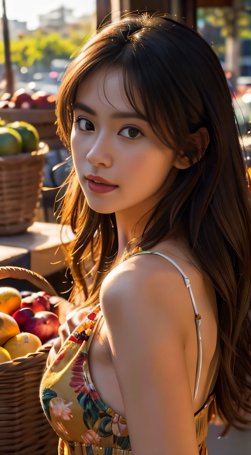 (extremely detailed CG unity 8k wallpaper), photo of the most beautiful artwork in the world, 8k uhd, realistic photo, a half body photo of 22 year girl wearing Flowy maxi dress with tropical patterns, Loose Beach Waves hair ,A bustling fruit market with colorful displays of fresh produce background, , DSLR with a prime lens for crisp and detailed shots , Soft natural light during golden hour for warm and flattering illumination, high quality, High Detail, Sharp focus, dramatic, (looking at viewer:1.2), (detailed face:1.3)