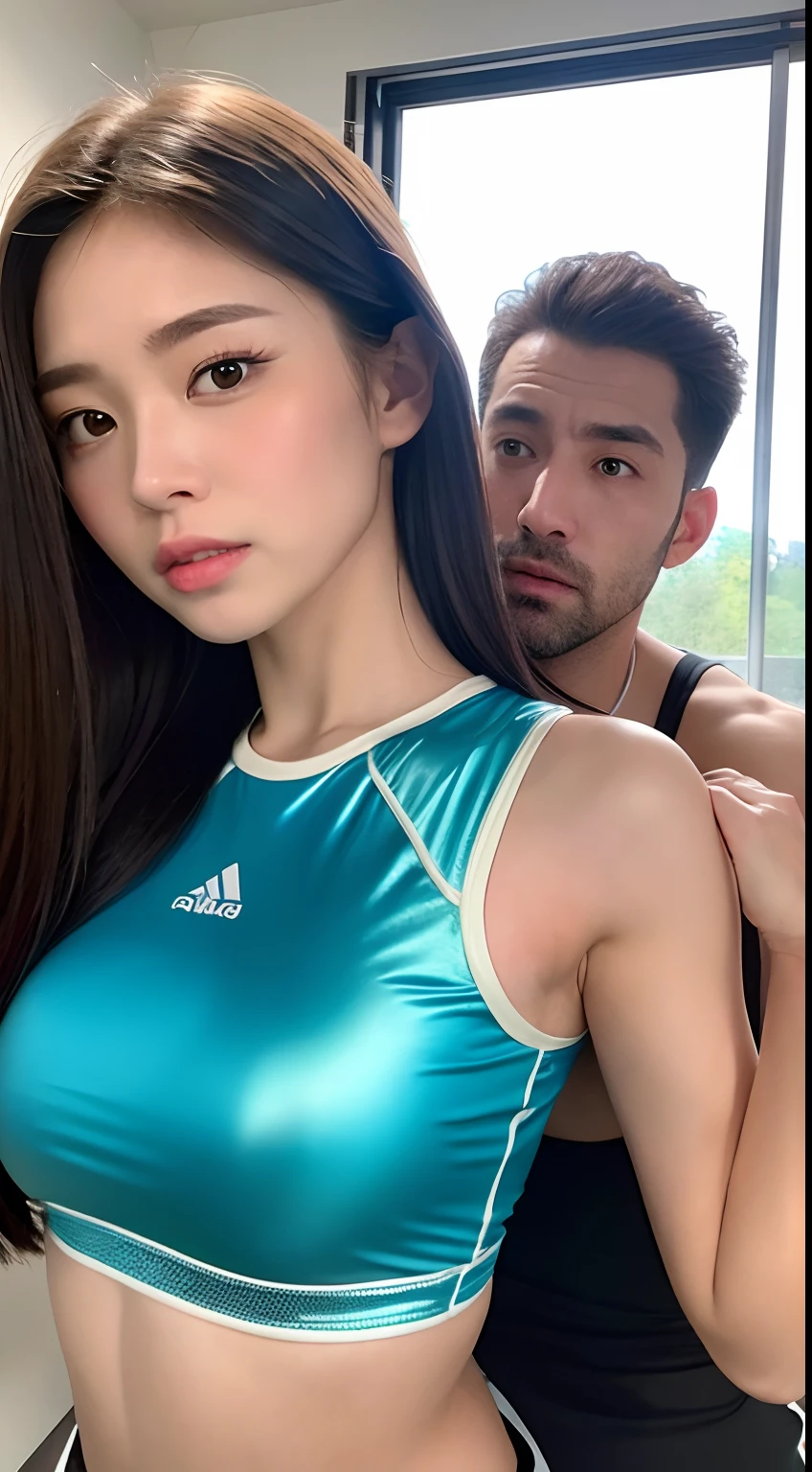 One hairy man、Wearing a sexy shiny crop top、Woman in training clothes is grabbed by the man next to her breasts、inside in room、clothes shiny (Glossy crop top:1.8、Glossy olive color training gear)、top-quality, hight resolution, 8K, 1girl in, (Huge breasts :1.0)、(bangss,Medium Hair), Beautiful detailed sky, Soft lighting、the wind、shinny skin、looking at the viewers、troubled look(The upper part of the body:2.1))、Hairy man beside woman(Hugging woman in sexy shiny crop top and training gear、Excited look、Hands are grabbing the breasts of a woman in sexy shiny crop top and training gear)