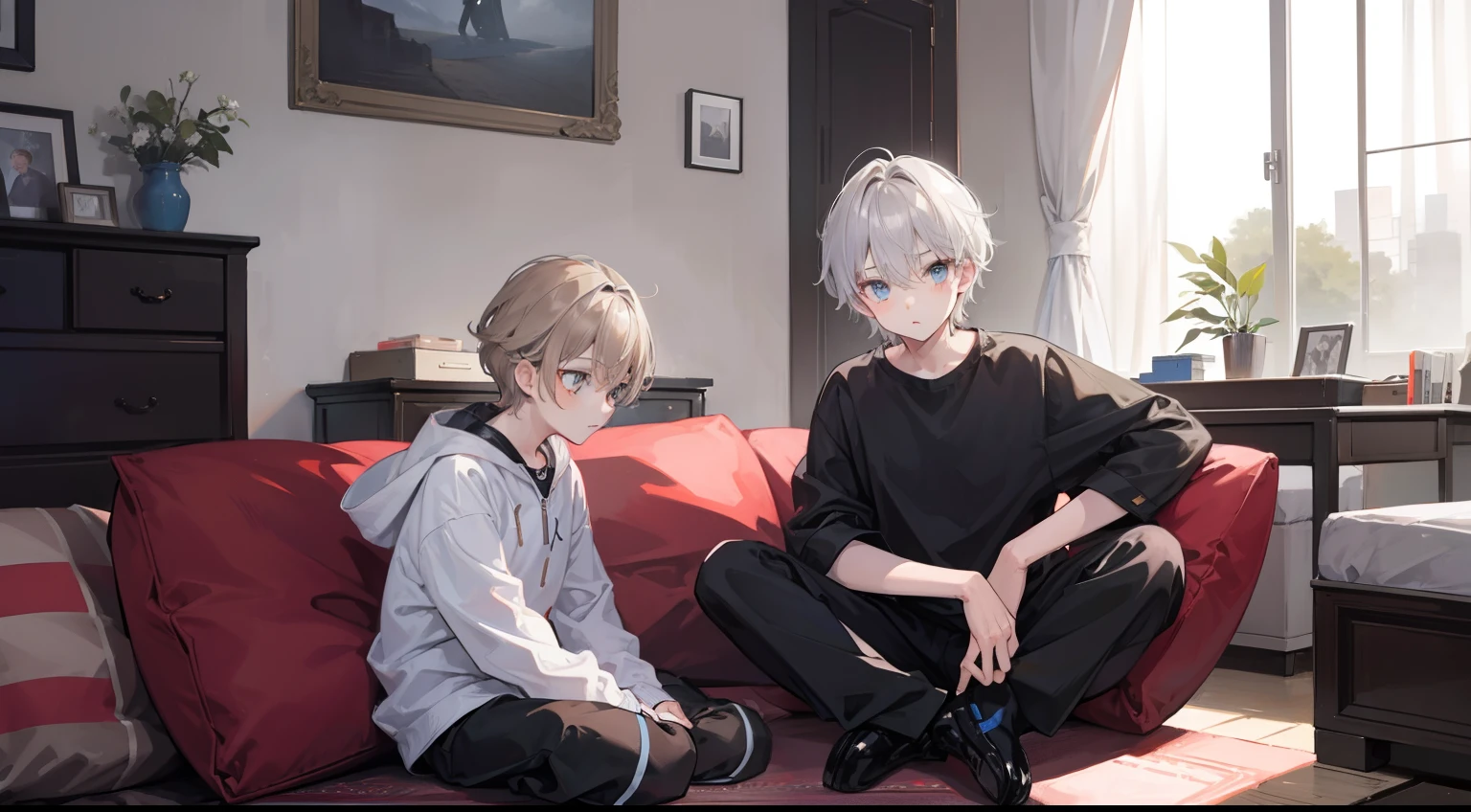 Two Boys, Silver-haired boy and brown-haired boy, Talking、Boy's room、sofas、Boys Love、hight resolution、ultra-detailliert