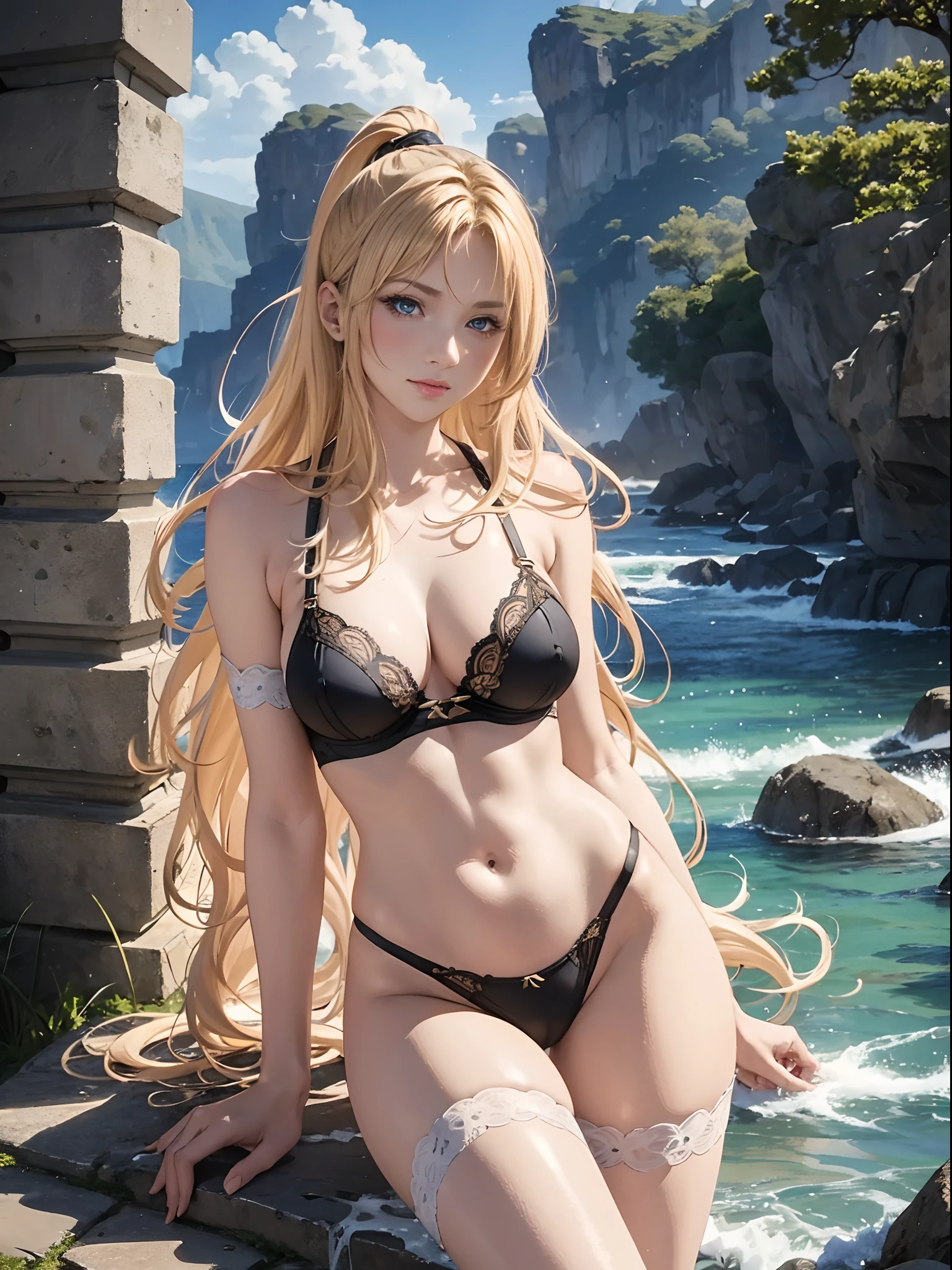 （Enrich the picture，Masterpiece level quality）Beautiful 8K CG artwork，Goddess-like posture，sittinng on the river，Postural exercises，Slim and soft，Translucent skin，Blonde hair、The beauty of extra-long hair, Super Long Straight Hair，The skin is fair and juicy，Big breasts underwear uniform，Perspective Part 1.2x enhanced silhouette effect，Exquisite transparent blues pattern in pajamas，The details are intricate and exquisite，The background is slightly blurred，Charming and lustful leg seduction，Drool，J cup big breasts，Blush，Japan goddess，Perfect body slim curves，Scene by the sea，