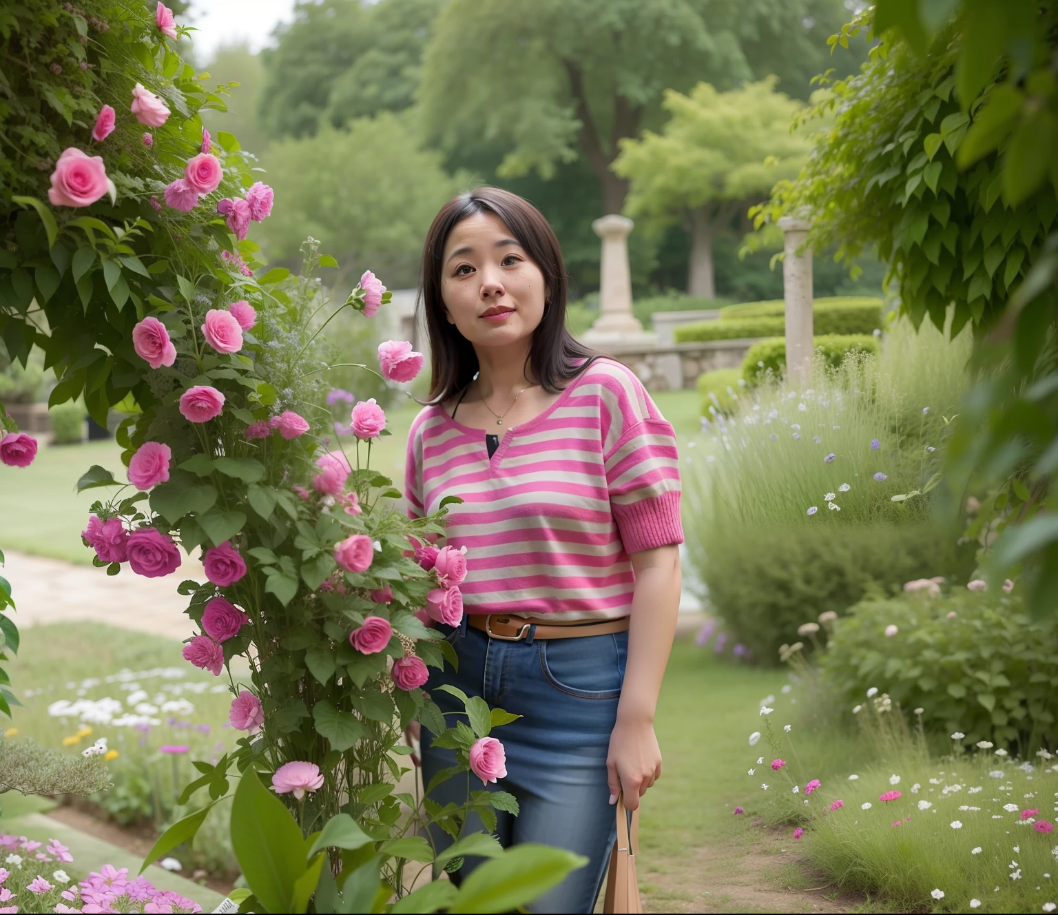There was a woman standing in the garden,There is a bunch of flowers in the garden,ancient garden behind her