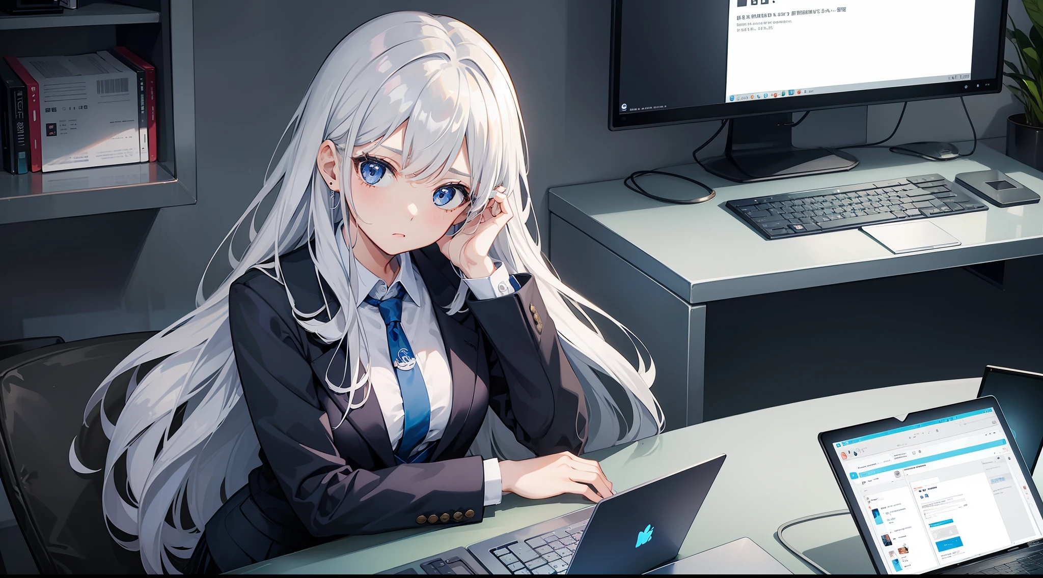 (1girl in),fashionable cafe、TOKYOcty、Anime girl using laptop((I use a laptop))、20yr old、Upper body, mid-shot,(front facing)、 femele, Detailed eyes, ((Beautiful woman on computer)),Semi-long hair, Silver hair、 Bangs,Dark blue business suit、skirt by the、Long sleeves,、frontage、Troubled face、Look at viewers、