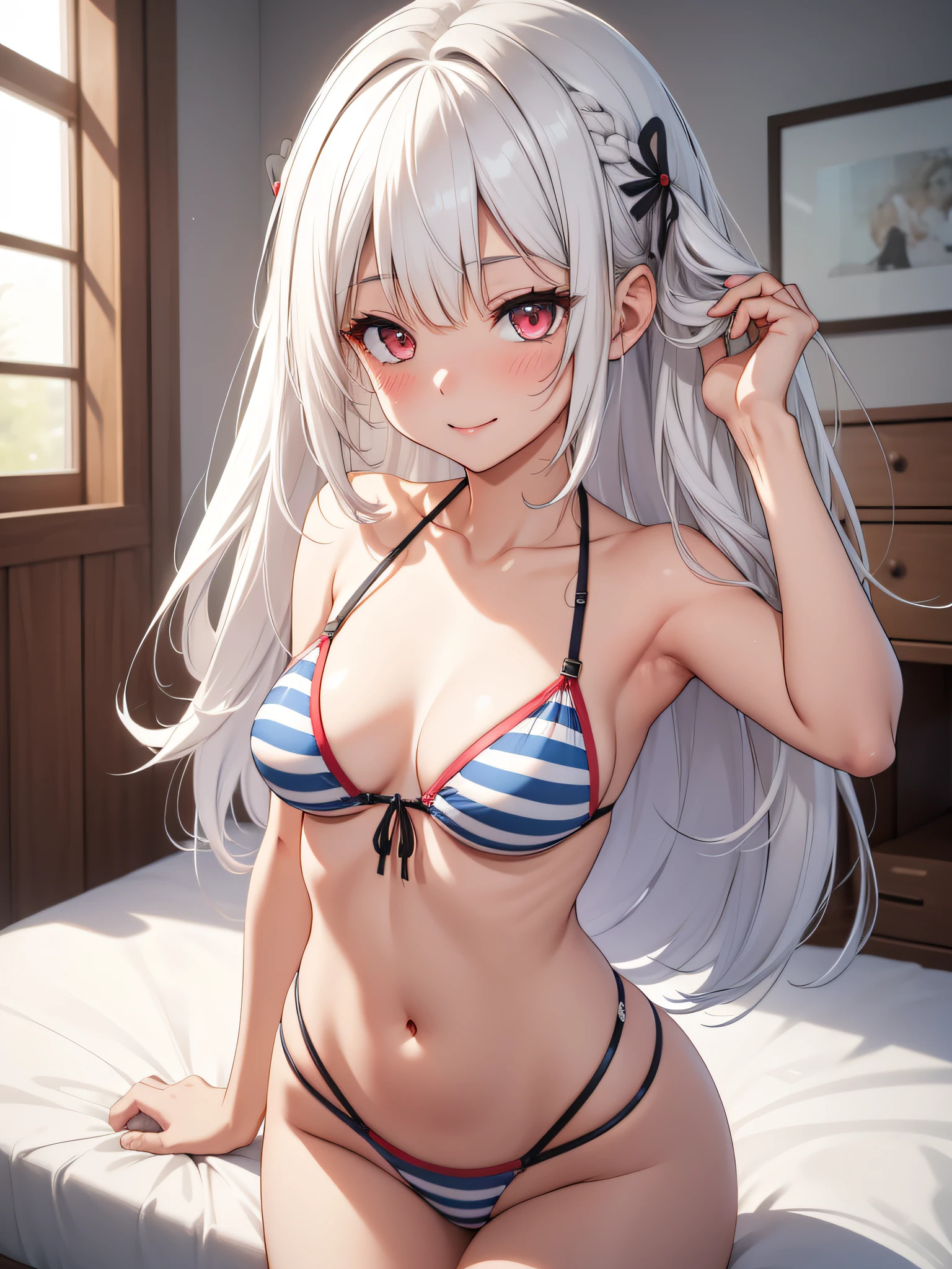 Top quality ultra-detailed CG art、Upper body naked、Bikini with vertical stripes:1.2)、a room、White hair、Glossy hair、smooth hair、Big red eyes,Mid summer、Delicate body、breasts are small、Medium Hair、short in stature、It features a simple、Hairpin、ssmile、short in stature、Wink、relax vibe、Always cheerful and popular girl、cheerful girl、Tying hair、Beautiful feet、Screw hair、modeled