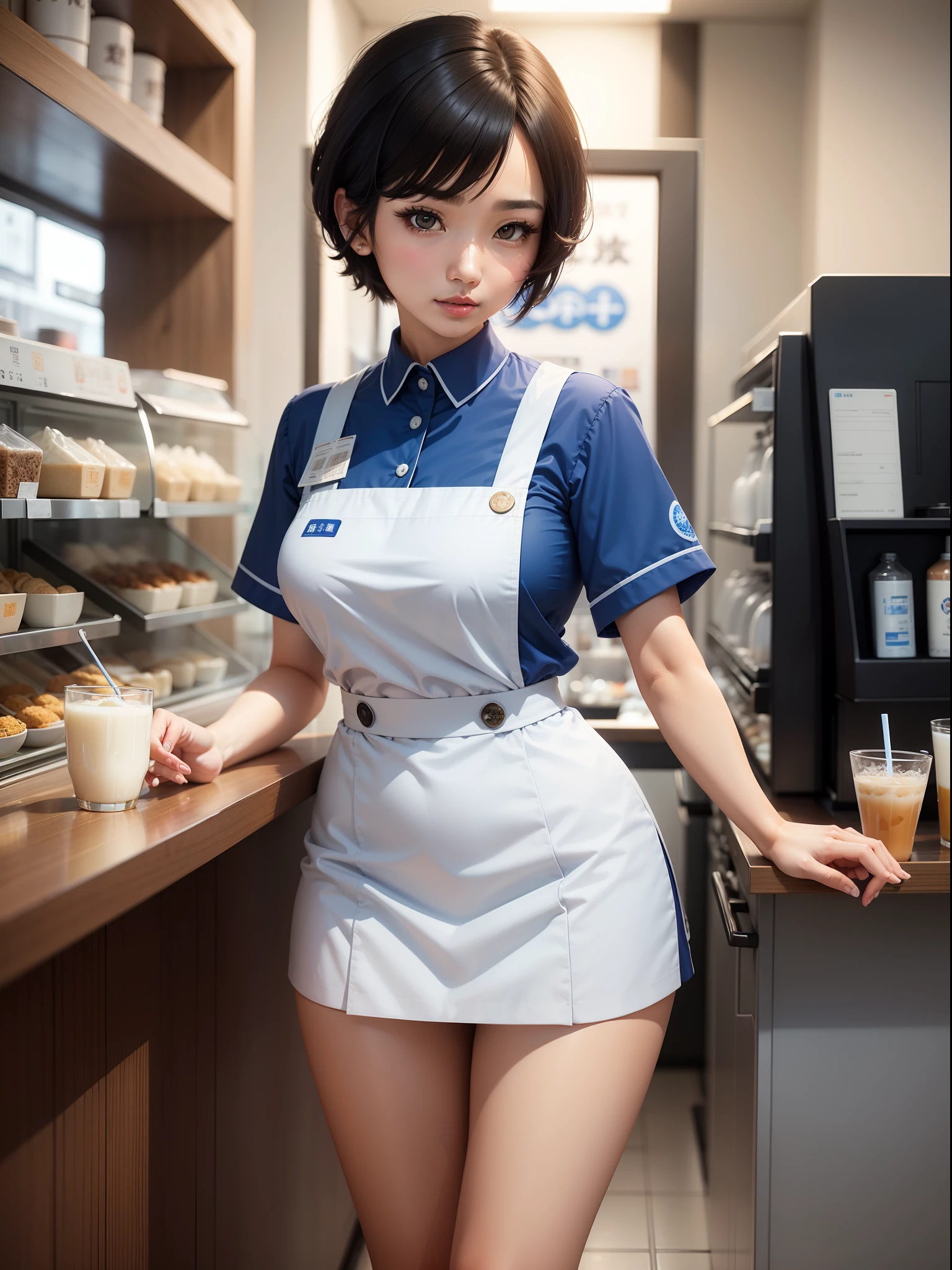 woman,Blue and white work uniforms,Milk tea shop,short detailed hair,with a round face,Beautuful Women,behind the counter,roll eyes,best qualtiy