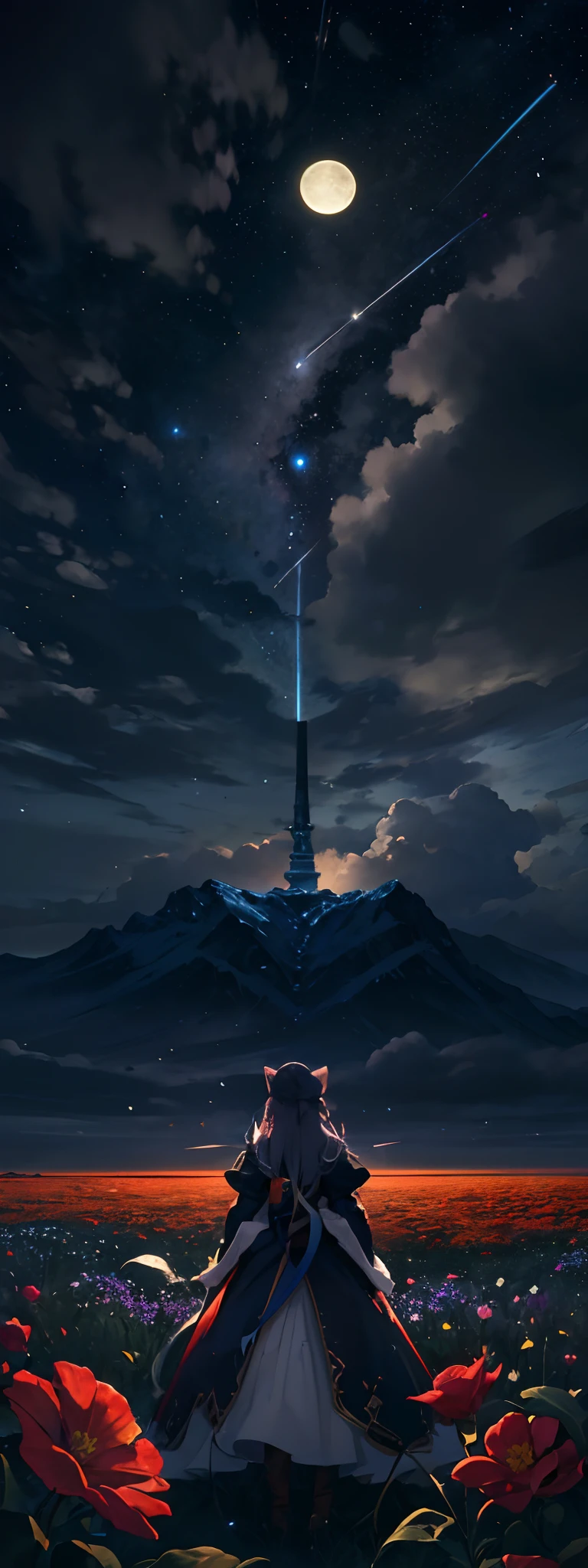 Expansive landscape photography,(a bottom view showing the sky above and open country below),a girl standing in a field of flowers looking up,(moon full:1.4),(meteors:0.9),(Starcloud:1.3),mountain in the distance,tree-breaking production art,(Warm light source:1.2),(glowworm:1.2),lamp lights,Lots of purple and orange,Complicated details,Volumetriclighting,BREAK realism(tmasterpiece: 1.2) , (best qualtiy), 4K, ultra - detailed, (Dynamic synthesis: 1.4), highly detailed, Colorful detailed, (Irridescent color: 1.2), (Bright lighting, Atmospheric lighting), dream magical, magic, (独奏: 1.2)
