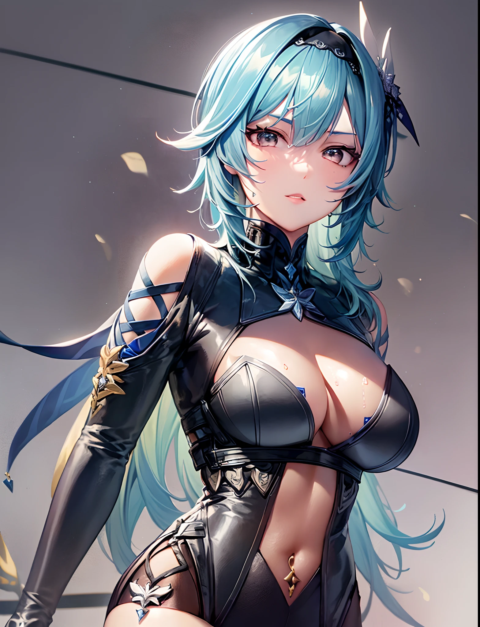 mast, Best Quality, 1 girl, eula \ (GenshinImpact), Blue hair, blond eyes, Short hair, head band, Hair Accessories, gaze at the audience, From the side, Detailed eyes, Large breasts,thighs thighs thighs thighs、beauty legs、By the lake、full bodyesbian、A sexy、(​masterpiece、top-quality、top-quality、Official art、beauty and aesthetic:1.2)、(flat-colors:1.3)、Highly detailed and detailed face and eyes、extemely sexy、wet​