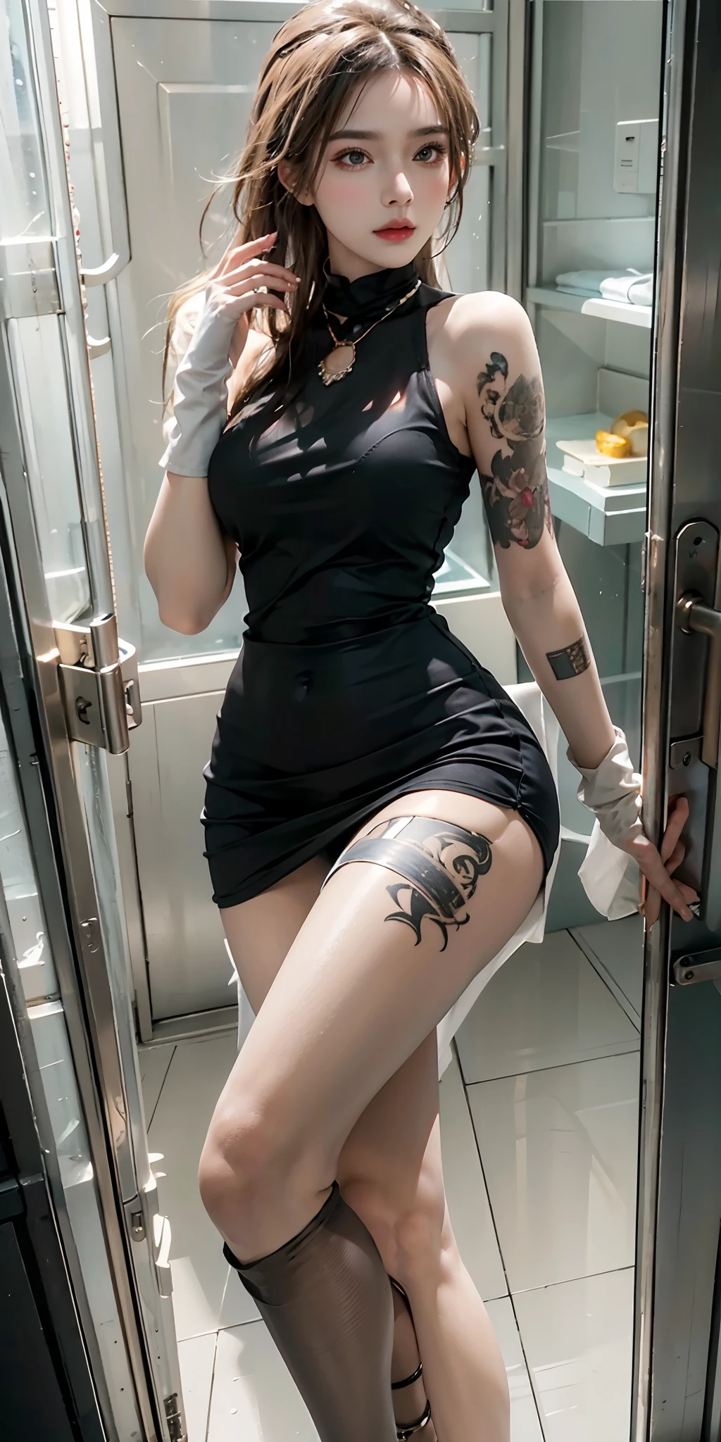 photorealistic, high resolution, soft light,1women, solo, hips up, (detailed face), uxury goods,The entire leg must be displayed in its entirety, And must wear extra-long gloves,Stockings are mandatory,High heels must be worn, tattoo, jewelry