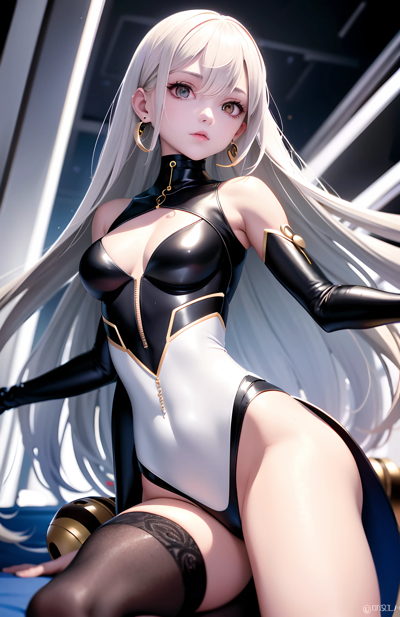 optimum,tmasterpiece,A high resolution,best qualtiy,hyper HD,super detailing,Award-Awarded,16k,独奏,(The upper part of the body),anatomy correct,Beautiful cyberpunk girl,Ex Machina,cute face,high light,Gradient Beige Hair,Hairline,((Scarlet eyes)),long eyelasher,Hanging eye corners,White skin of the,(small boobs),(Slim body),((polka_dot_hoodie)),((high-waist_Skirt)),(),ear studs,(neck rings),(Laser material clothing:1.2)