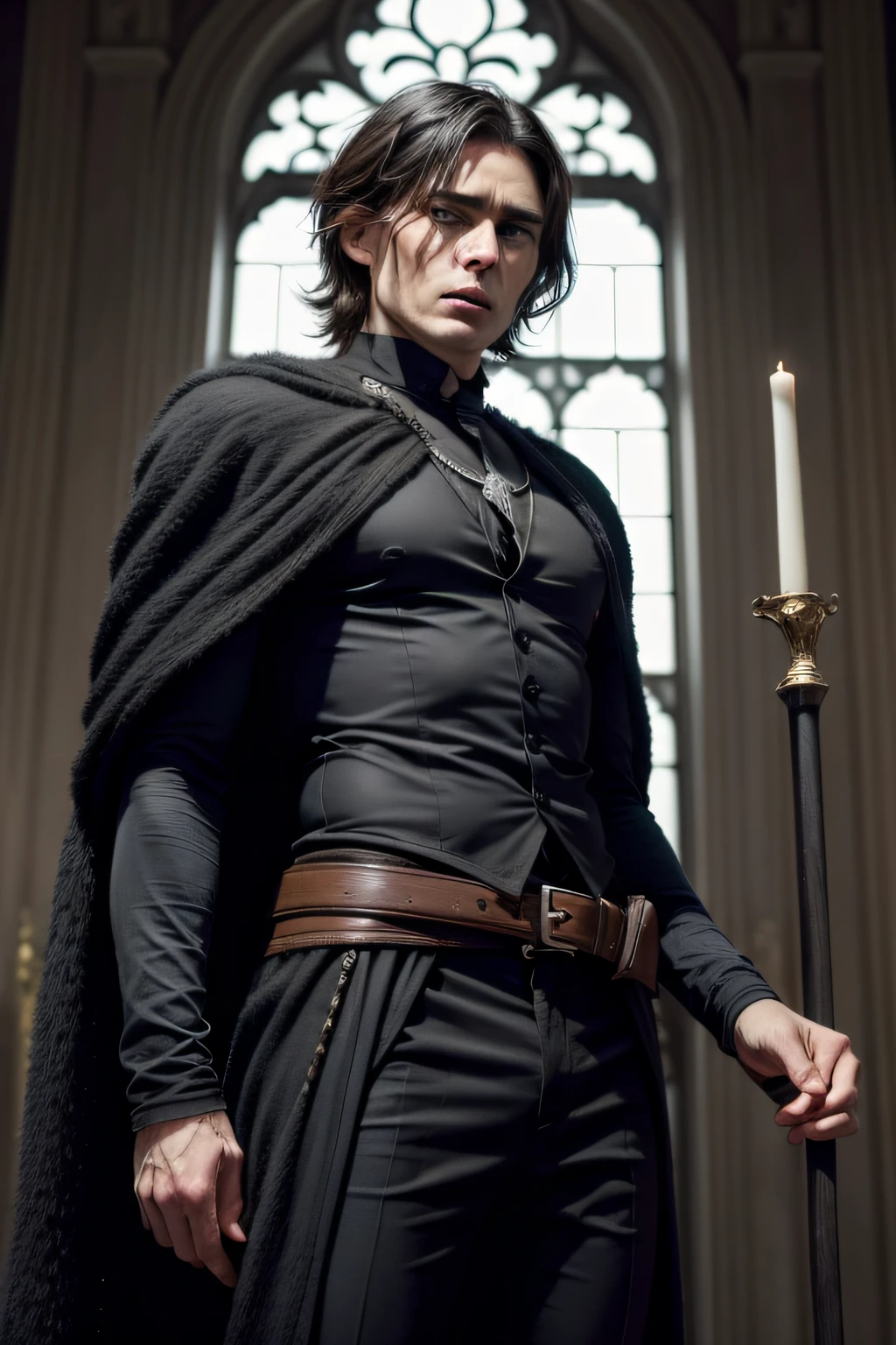 Cillian Murphy como Hades, deus grego, imposing appearance, olhos penetrantes, barba negra comprida, vestindo vestes negras e imponentes.