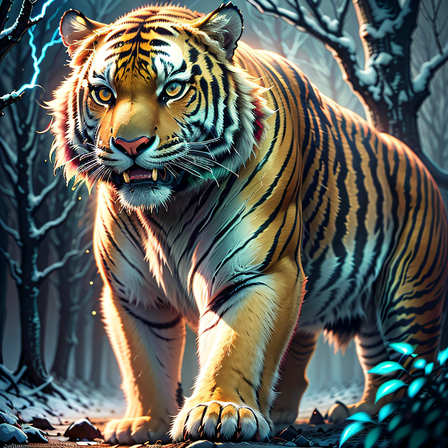 closeup a tiger in a dark forest, red glowing eye, black and yellow stripe in body, thunderstorm atmosphere, 4k photo 3d, ultra HD
