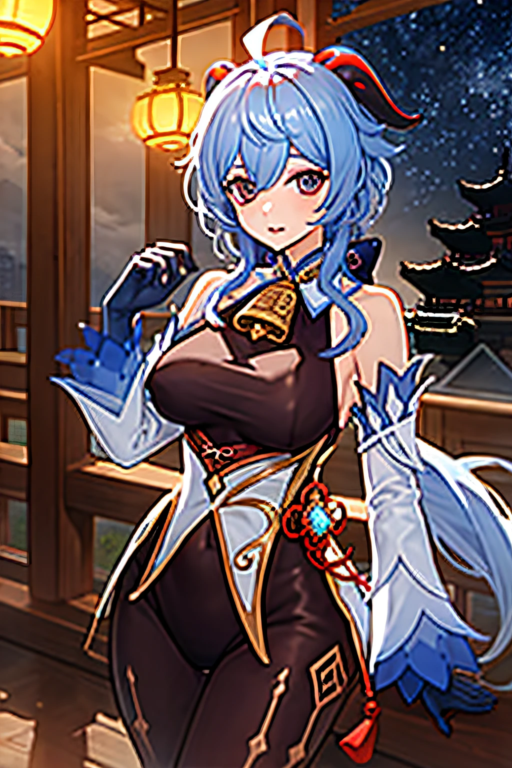 （underboobs：1.2）， （Buttock slit：1.2） Hair is more than one eye，The thigh space is large breastsganyu\(genshin impact\), 1girl, ahoge, buliding, By bangs, cropped shoulders, bell, Black gloves, Black tights, ((blue hair)), Blushlush, breasts, Chinese knot, the sleeve, east asian architecture, flower knot, mitts, cow horn, long whitr hair, looking at viewert, middlebreast, Neckbells, the night, exteriors, lacepantyhose, purpleeyes, temple, solo, nipple tassels, White sleeves, ((masterpiece))