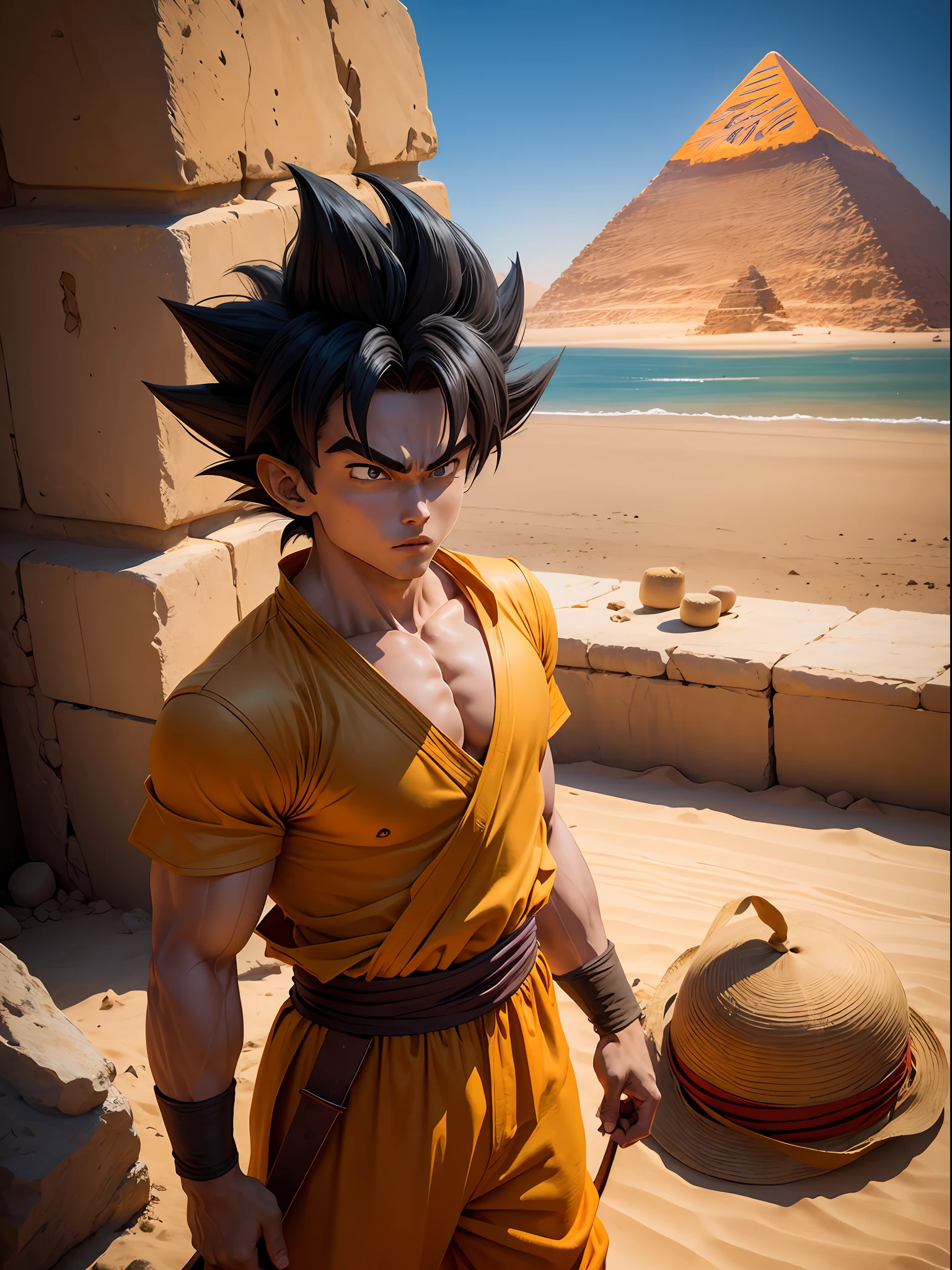 Dragon Ball Son Goku,Archaeological explorer uniform,Hat,whip,in egypt,pyramid,movie set,Realistic, (Best Picture Quality, 8k,)