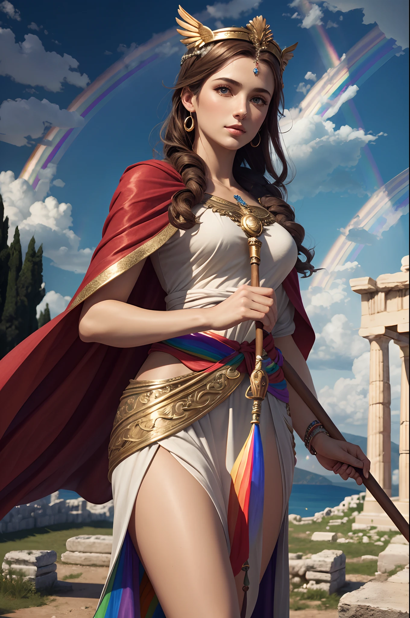 greek goddess of messenger and rainbow, with brown hair, wears greek tunic, holding a messenger staff, caduceus, (((rainbow))), blue sky, Greek Mythology, swift and bright atmosphere, description of ultrra-accurate hands, photorealistic, super detail, masterpiece, best quality, highres, 8k