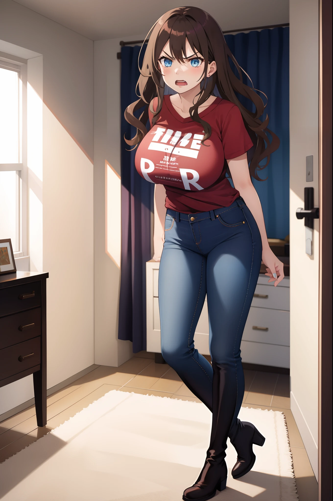one girl, brown hair, wavy hair, blue eyes, big breasts, t-shirt, jeans, angry, open mouth, bedroom, thigh boots, standing
