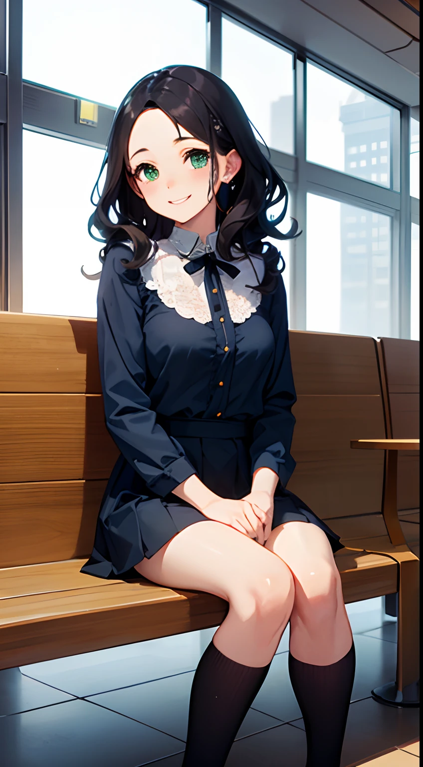 ((Best Quality)), (Ultra-detailed), ((Extremely detailed)), (Beautiful), ((Kawaii Girl)),Medium Hair,Forehead,Dark blue hair,(Wavy Hair),Green eyes,smock blouse,Mini skirt,regular breasts,Smile,Haneda airport lobby,sitting,One Woman