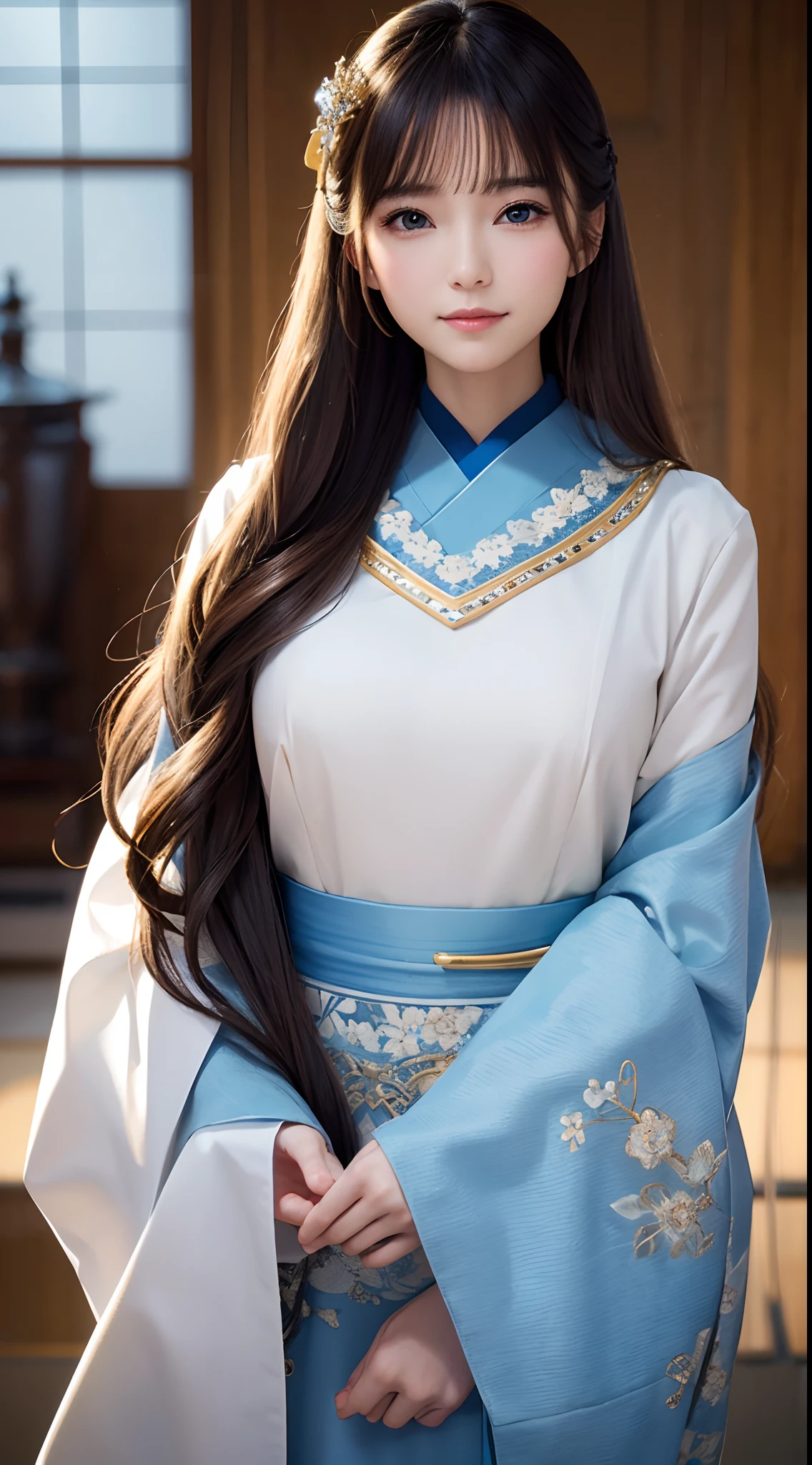 masterpiece、one beautiful women、A detailed face、A detailed eye、Detailed skin、top-quality、japanes、Illuminated from the front with bright lighting、profetional lighting、Facing straight ahead、a smile、Western princess costume、Western royal family、Longhaire、Hair color is light blue、