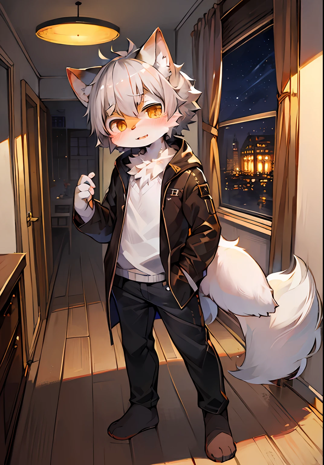 (ambiente dark:0.8),masterpiece,high quality,abstract res,digital painting\(artwork\), by dagasi, yupa,kiyosan,(anthro,fluffy fur,character focus:1.1),anthro male cat,short hair,portrait , eyes with brightness, in a panoramic view, Character focus.(detailedbackground:0.7), 独奏, shaggy, shaggy male, malefocus, anthr,(Full Body Furry, Fluffy tail, White fur, Golden eyes, Gray hair:1.2), (long canines、jaket:1.2),(interiors、the night:1.1)