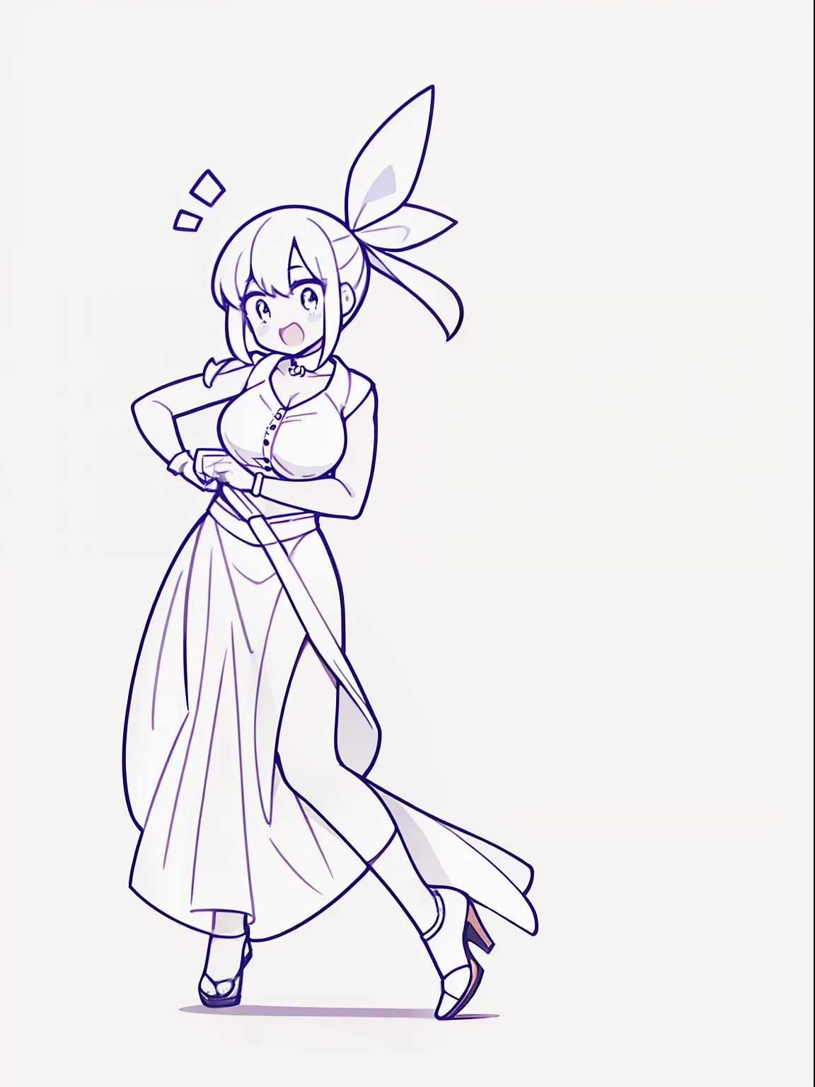 Girl, medium ruffled layered hair, black eyes, open belly, Masterpiece, high quality, Good detail, hakama outfit with stomach exposed, half-body shot above waist, fire halo. Simple artstyle. Hands on hips, smile. Black and white artstyle, sitting down bored, close up above waist shot.