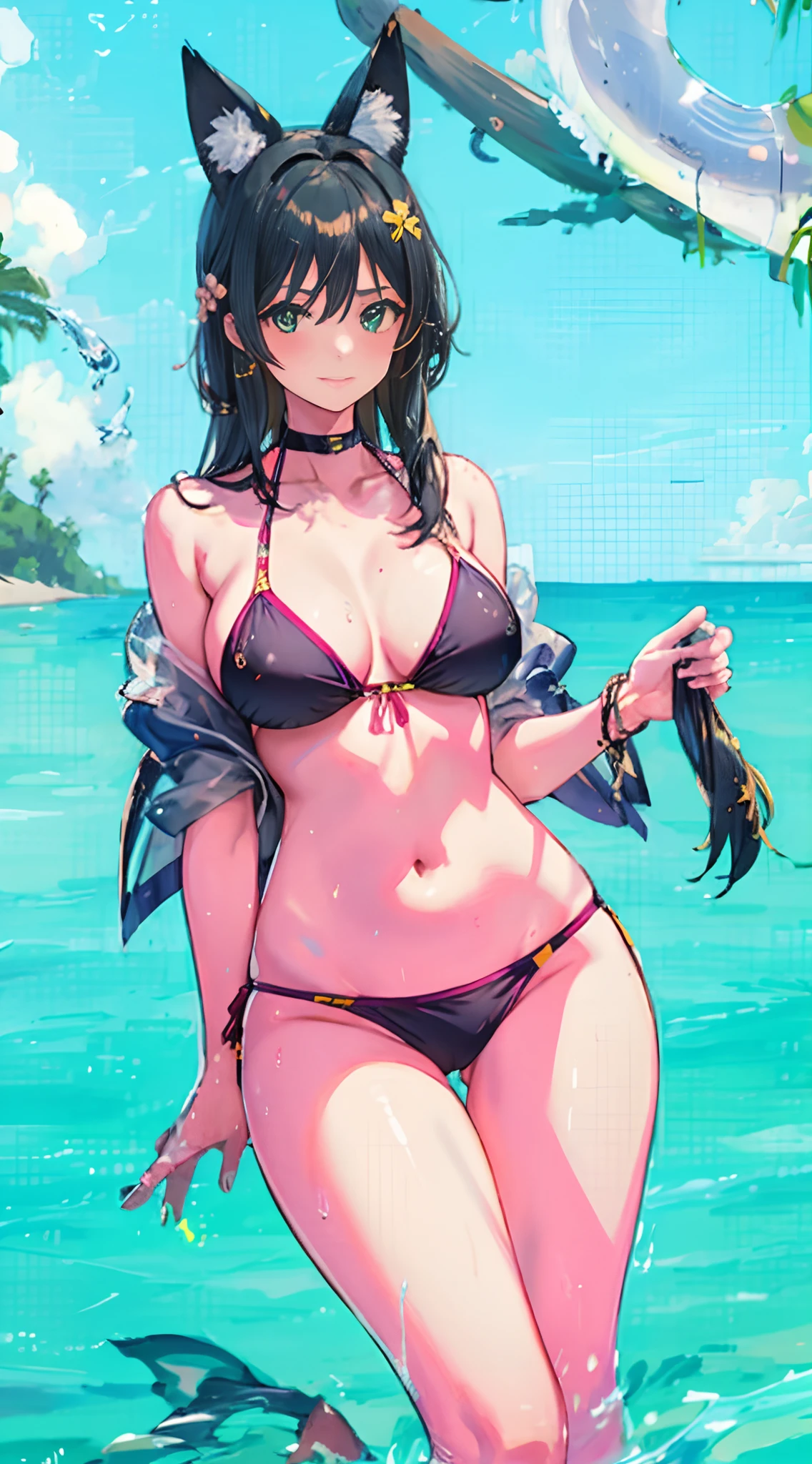 Anime girl in bikini with cat ears and tail standing in water, swimsuit, Nico Robin, at a beach, In the beach, swimwear, at a beach, thicc, on the sea, costume: Bikini, boutinela Brazilian bikini, at pixiv, marin kitagawa fanart, is wearing a swimsuit, In a bikini, In a bikini, realistic bikini, Fair-skinned