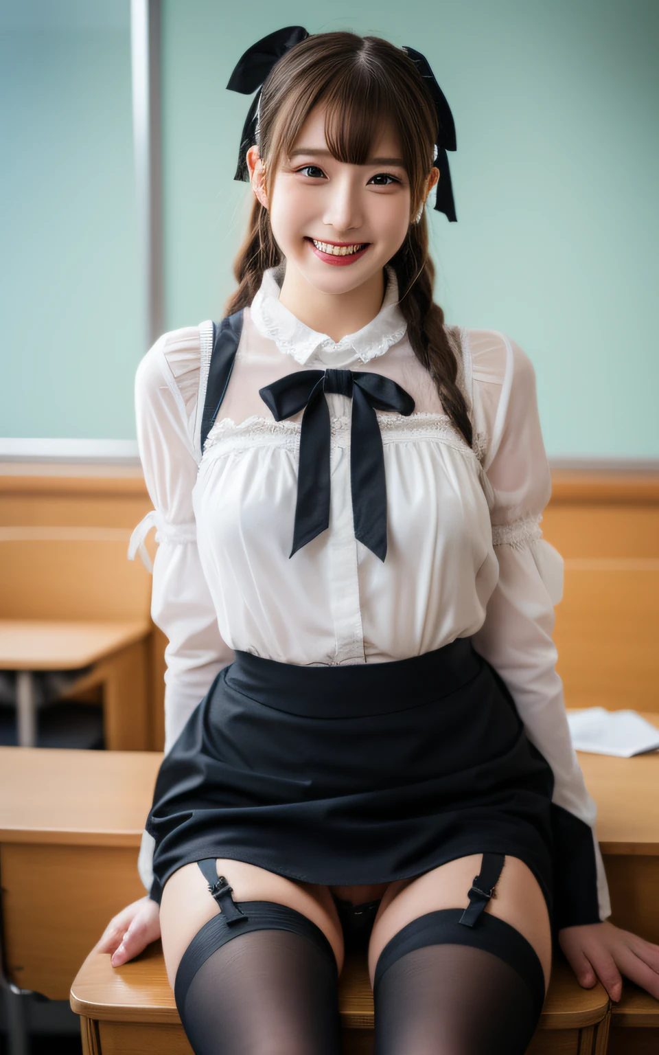 (8K:1.2), (Raw photo:1.2), (Best Quality:1.2), ( masutepiece:1.2), high-definition RAW color photography, professional photograpy,
cowboyshot, (Best Quality),
18yo 1girl, Solo, Cinematic Light, (finerly detailed face:1.2), (masutepiece:1.5),
(Best Quality:1.2), (Looking at Viewer:1), (In the lecture room:1.3), (ta Fashion:1.4), (zettai ryouiki:1.2), (black thighhighs:1.3), (White panties with ribbon:1.0), (Skirt lift:1.3), She crosses her legs in the seat, (Smiling:1.1), side-tie panty, (Crotch line:1.4), all-fours, Ass, Dynamic Pose, (light brown hair:1.2), NSFW