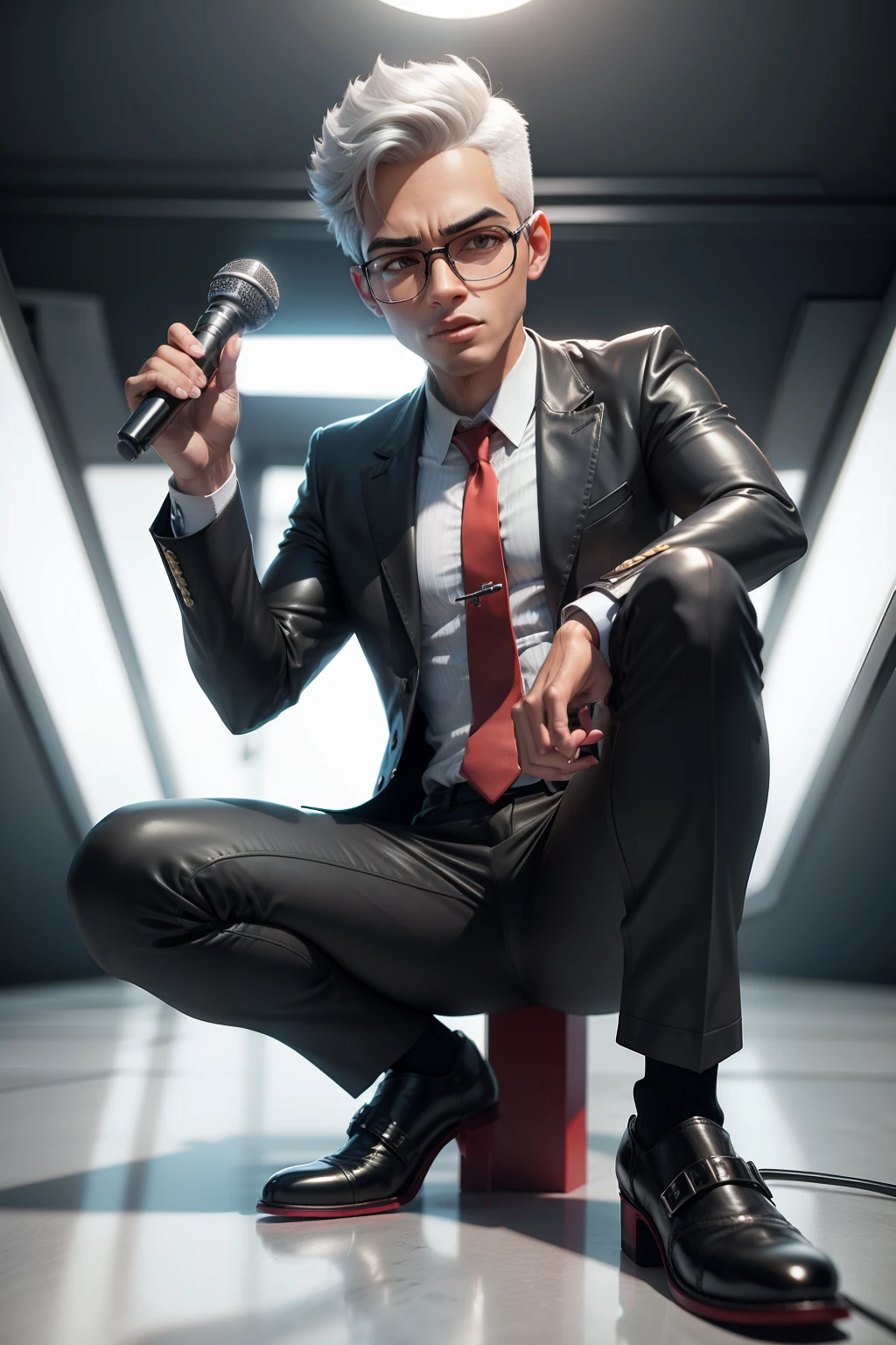 Personagem do 3D da Pixar com jaqueta prateada, Silver pants and red tie, black glasses, sapato preto, with microphone in hand,