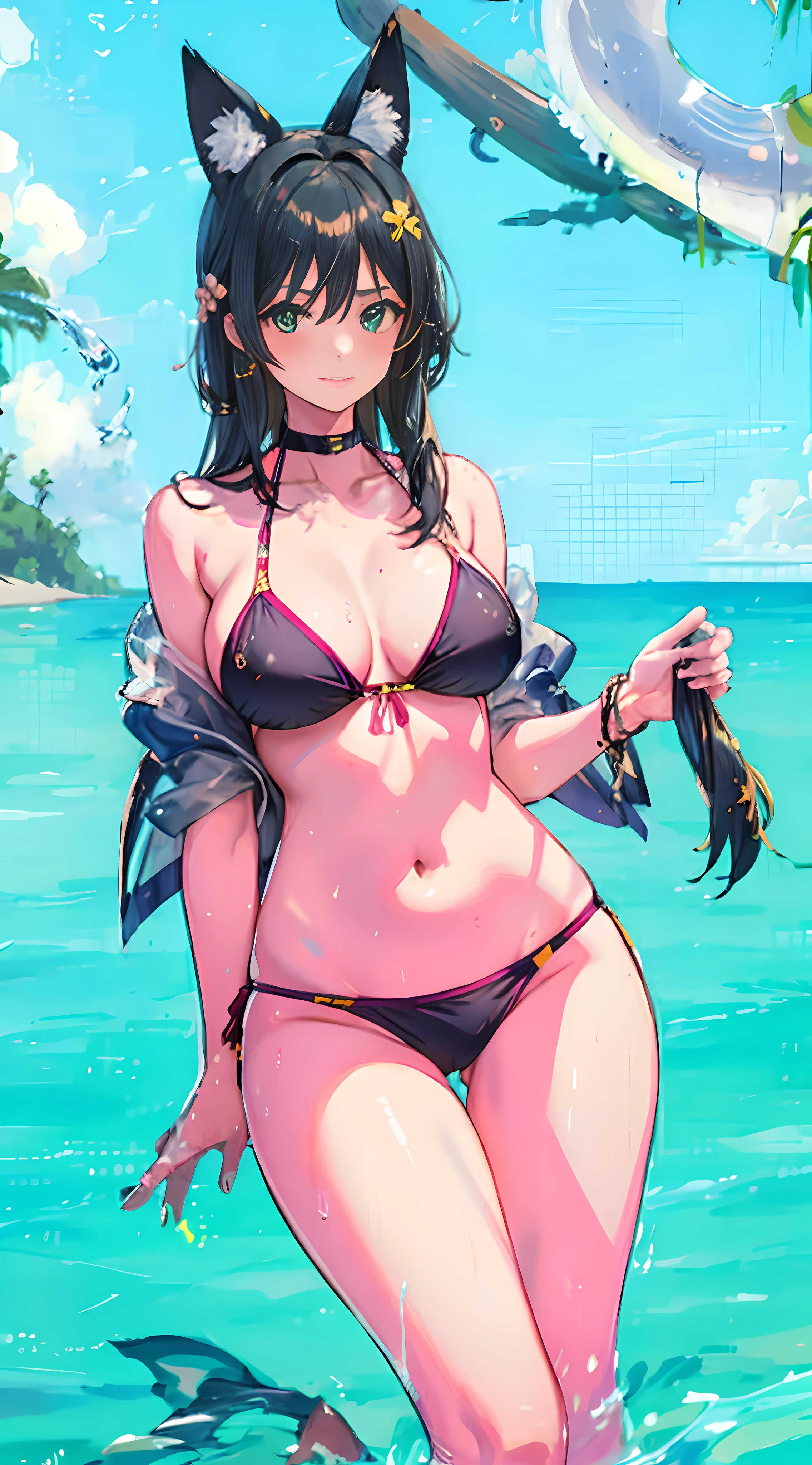 Anime girl in bikini with cat ears and tail standing in water, swimsuit, Nico Robin, at a beach, In the beach, swimwear, at a beach, thicc, on the sea, costume: Bikini, boutinela Brazilian bikini, at pixiv, marin kitagawa fanart, is wearing a swimsuit, In a bikini, In a bikini, realistic bikini, Fair-skinned