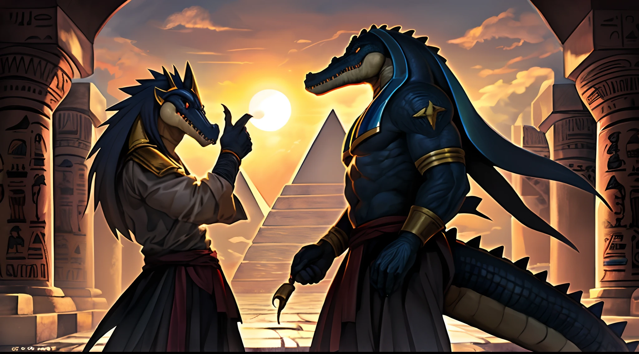 tmasterpiece, high quality, Rien d'absurde, digital painting \(Artwork\), seulement, (Kemono:1.4), Anthropomale crocodile, Corps vert, Sable, Dieu, Sobek, (Saluer le spectateur), sourire, coucher de soleil, pagne, Egypte, detailed background, Anime, (ombres sombres, Large plage dynamique, Hdr).