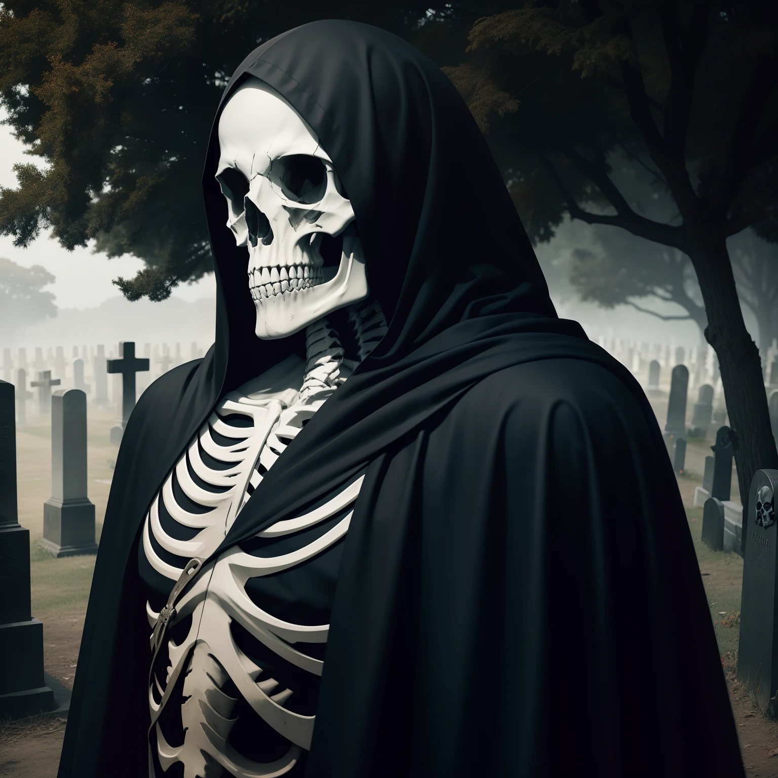"Create a shirt print that features a skeletal skull wrapped in a cape depicting death. Place the skull in a cemetery environment, cercado por seco, twisting trees."