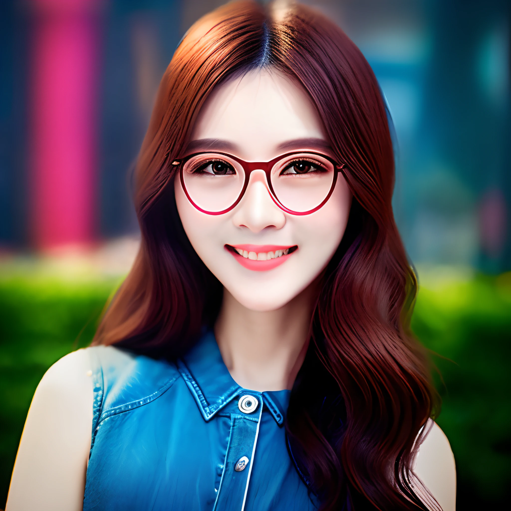 brunette color hair、whair、wince、long eyelasher、Good looking glasses、Light smile、Ear blush、Female、ultra-realistic realism、shadowing、anaglyph、stereograms、Standing painting、pov、atmosphric perspective、8k、super detailing、heavy， Best quality at best