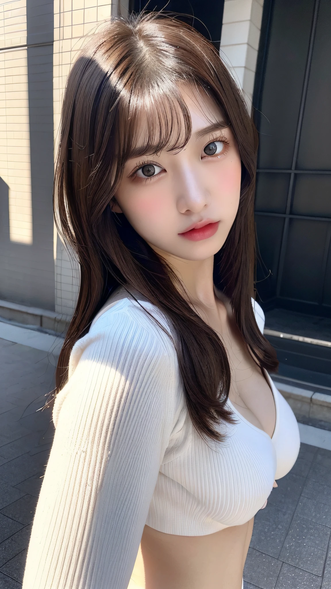((Realistic lighting、top-quality、8K、masterpiece:1.3))、Clear focus:1.2、1girl in、beauty with perfect body:1.4、Slim abs:1.1、((dark brown hair、Colossal tits:1.3))、(Wear neat clothes:1.4)、(street、natta:1.1)、the city street、Super fine face、Narrow-eyed、dual、Seduce me with a sexual expression、Detailed mouth、18Japan years old、Ass big