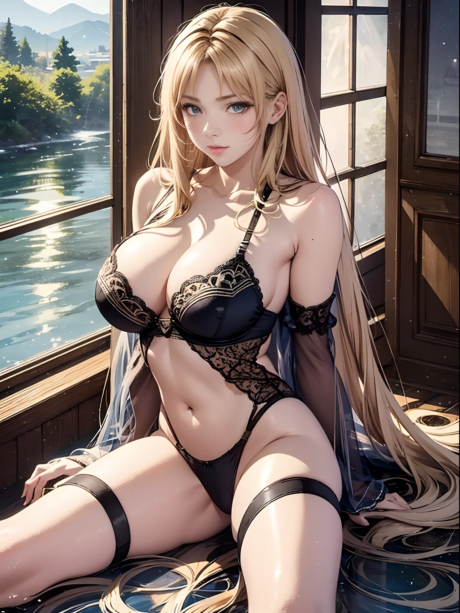 （Enrich the picture，Masterpiece level quality）Beautiful 8K CG artwork，Goddess-like posture，sittinng on the river，Postural exercises，Slim and soft，Translucent skin，Blonde hair、The beauty of extra-long hair, Super Long Straight Hair，The skin is fair and juicy，Big breasts underwear uniform，Perspective Part 1.2x enhanced silhouette effect，Exquisite transparent blues pattern in pajamas，The details are intricate and exquisite，The background is slightly blurred，Charming and lustful leg seduction，Drool，J cup big breasts，Blush，Japan goddess，Perfect body slim curves，Scene by the sea，