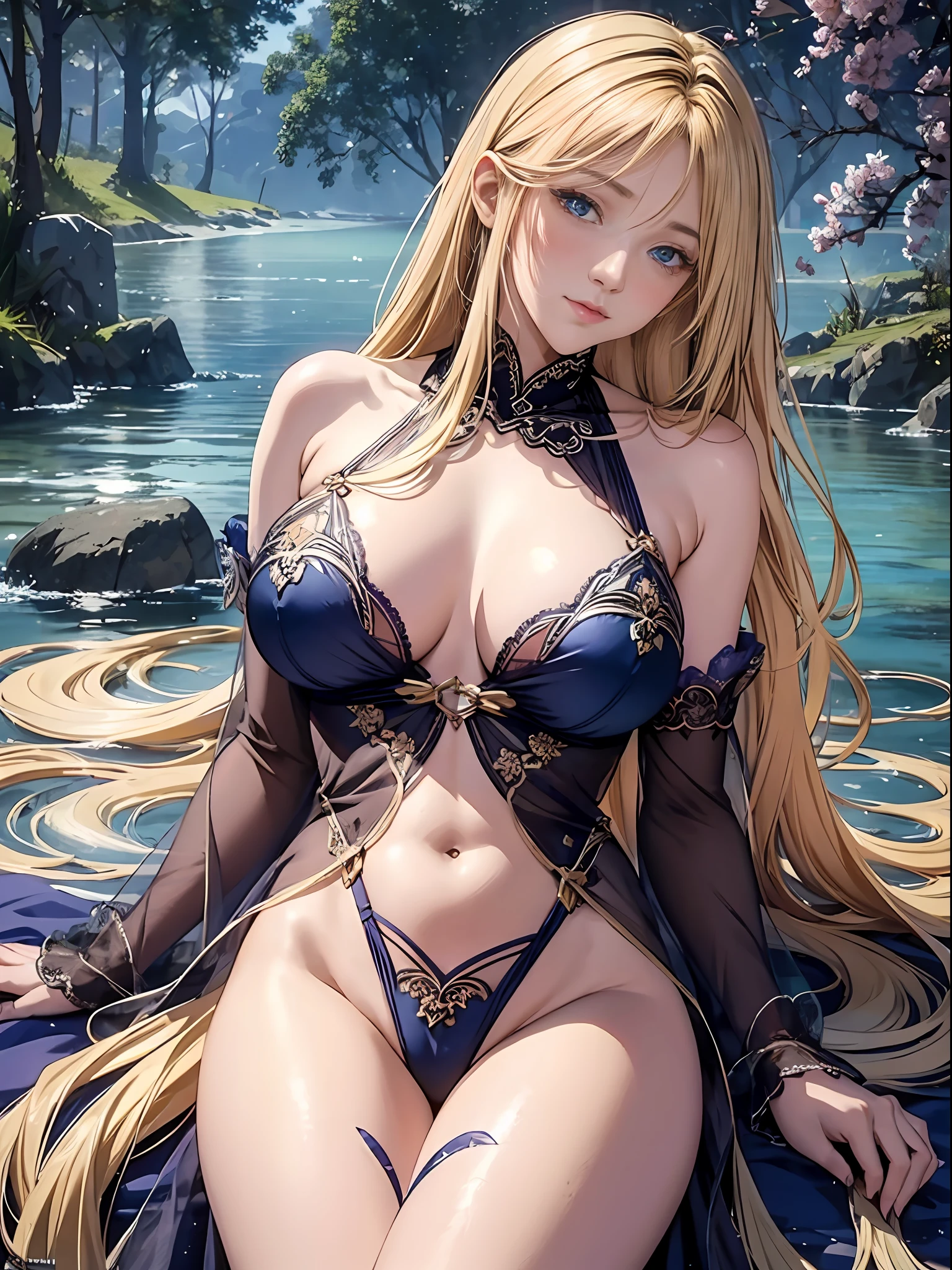 （Enrich the picture，Masterpiece level quality）Beautiful 8K CG artwork，Goddess-like posture，sittinng on the river，Postural exercises，Slim and soft，Translucent skin，Blonde hair、The beauty of extra-long hair, Super Long Straight Hair，The skin is fair and juicy，Big breasts underwear uniform，Perspective Part 1.2x enhanced silhouette effect，Exquisite transparent blues pattern in pajamas，The details are intricate and exquisite，The background is slightly blurred，Charming and lustful leg seduction，Drool，J cup big breasts，Blush，Japan goddess，Perfect body slim curves，Scene by the sea，