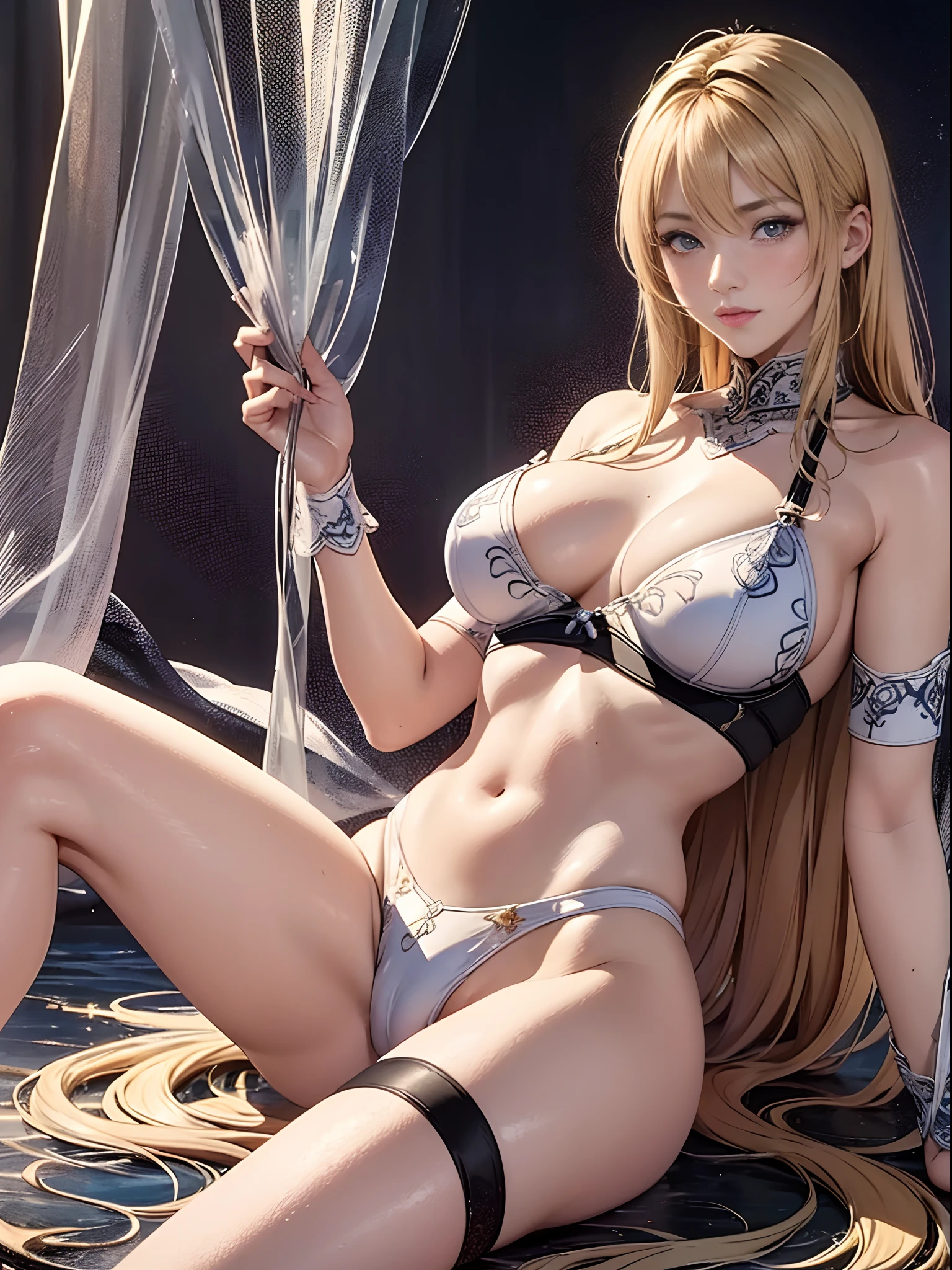 （Enrich the picture，Masterpiece level quality）Beautiful 8K CG artwork，Goddess-like posture，sittinng on the river，Postural exercises，Slim and soft，Translucent skin，Blonde hair、The beauty of extra-long hair, Super Long Straight Hair，The skin is fair and juicy，Big breasts underwear uniform，Perspective Part 1.2x enhanced silhouette effect，Exquisite transparent blues pattern in pajamas，The details are intricate and exquisite，The background is slightly blurred，Charming and lustful leg seduction，Drool，J cup big breasts，Blush，Japan goddess，Perfect body slim curves，Scene by the sea，