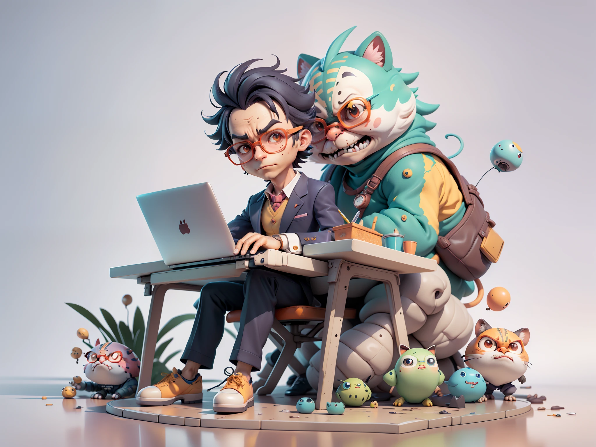 A young man in a suit, Short hair and glasses sat at his desk,holding laptop,digitial painting,tigre,3D character design by Mark Clairen and Pixar and Hayao Miyazaki and Akira Toriyama,4K HD illustration,Very detailed facial features and cartoon-style visuals。