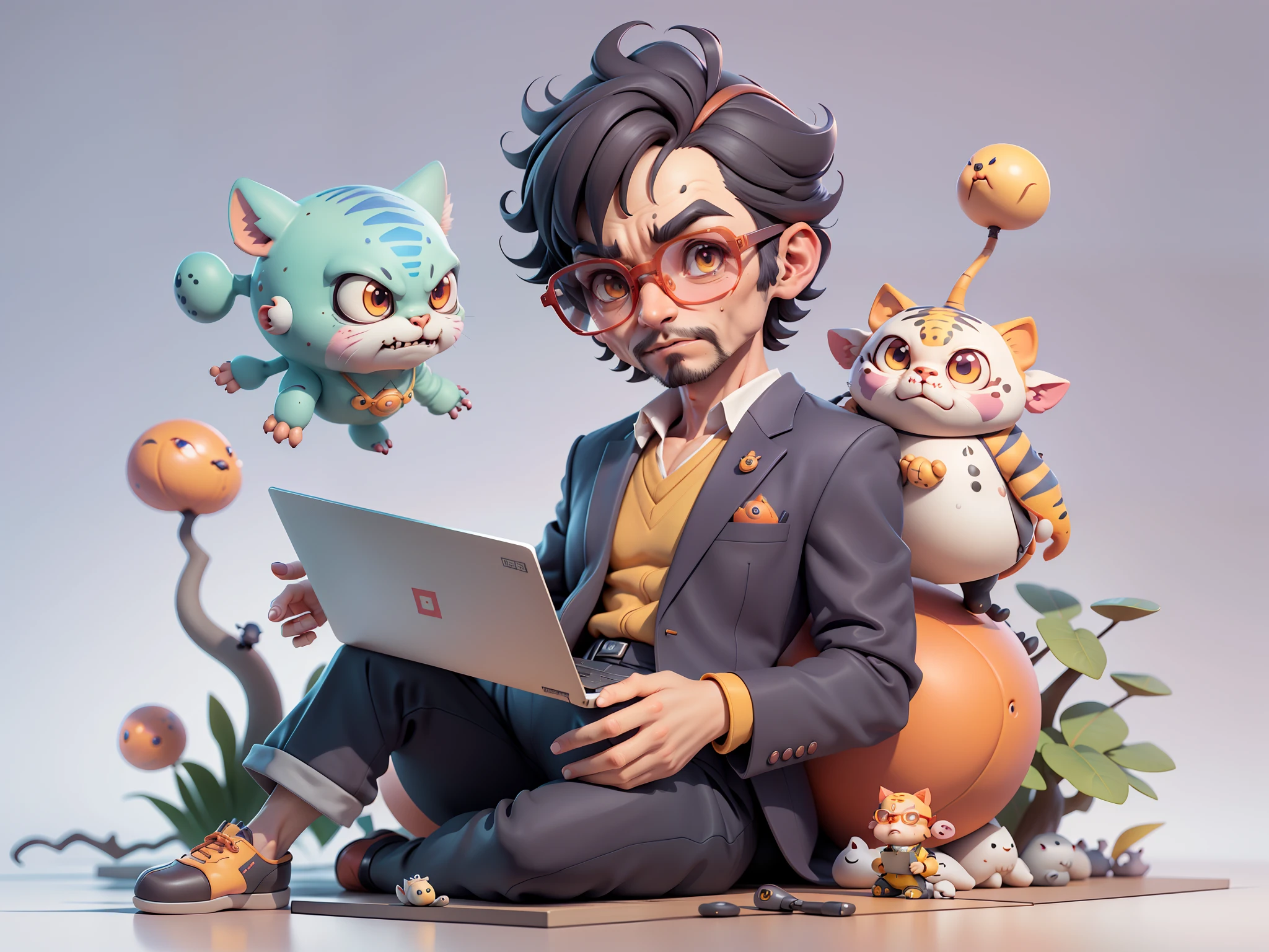 A young man in a suit, Short hair and glasses sat at his desk，holding laptop，digitial painting，tigre，3D character design by Mark Clairen and Pixar and Hayao Miyazaki and Akira Toriyama，4K HD illustration，Very detailed facial features and cartoon-style visuals。